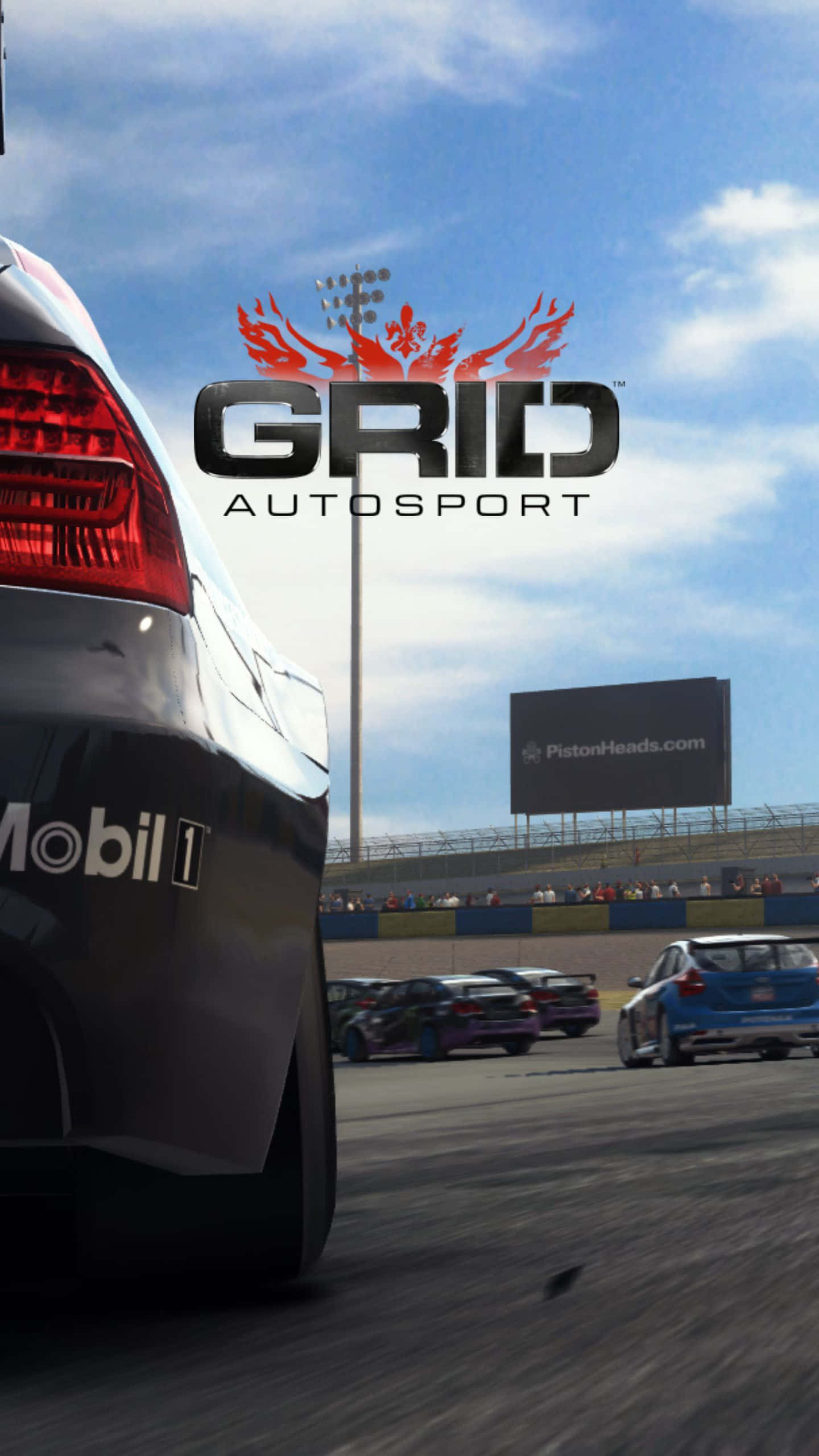 立即玩 Android Grid Autosport，成為賽道之王 壁紙 — 一架流線型賽車在陽光明媚的賽道上疾馳，背景有其他賽車和體育場燈光。