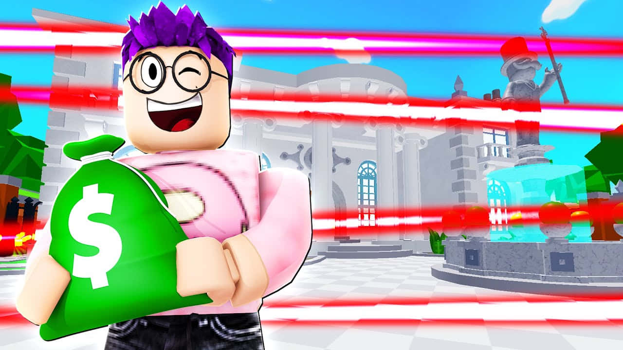 Roblox角色在佈滿激光的大宅中手持錢袋