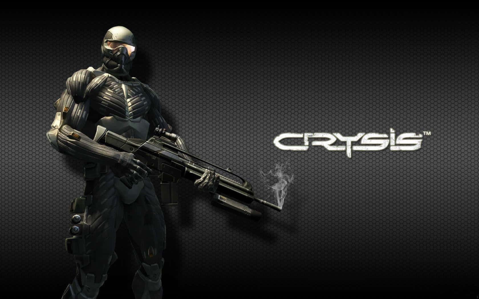 一名身穿未來裝甲的士兵手持步槍，Crysis 標誌發光。