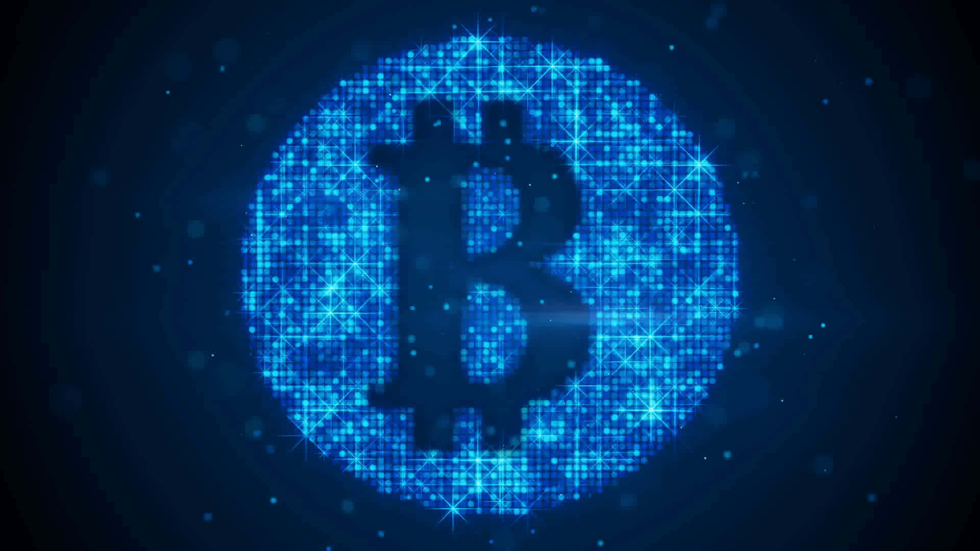在黑暗背景下由數碼像素組成的發光藍色比特幣符號