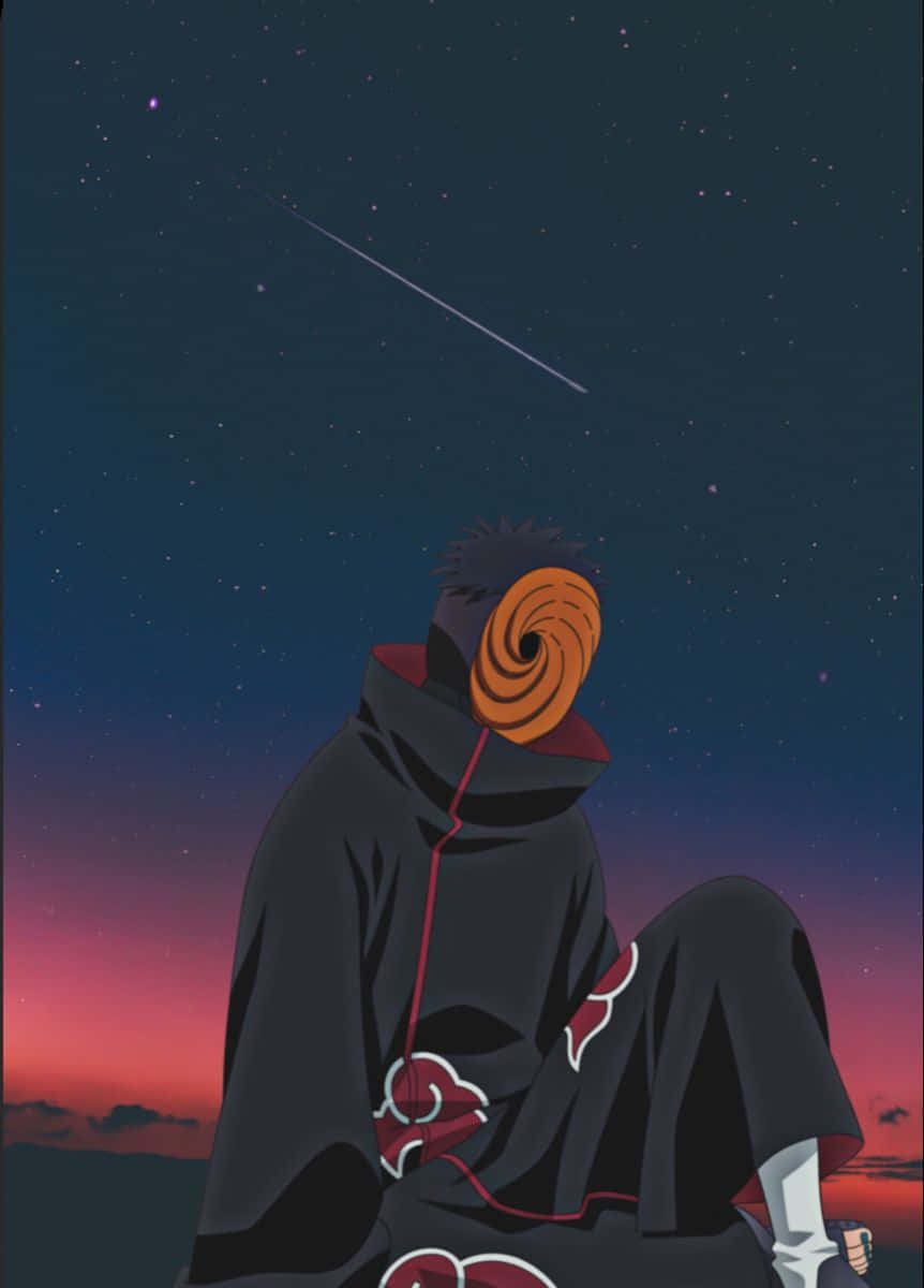 身穿黑色斗篷、戴著螺旋面具的動漫角色在暮色天空中觀看流星。