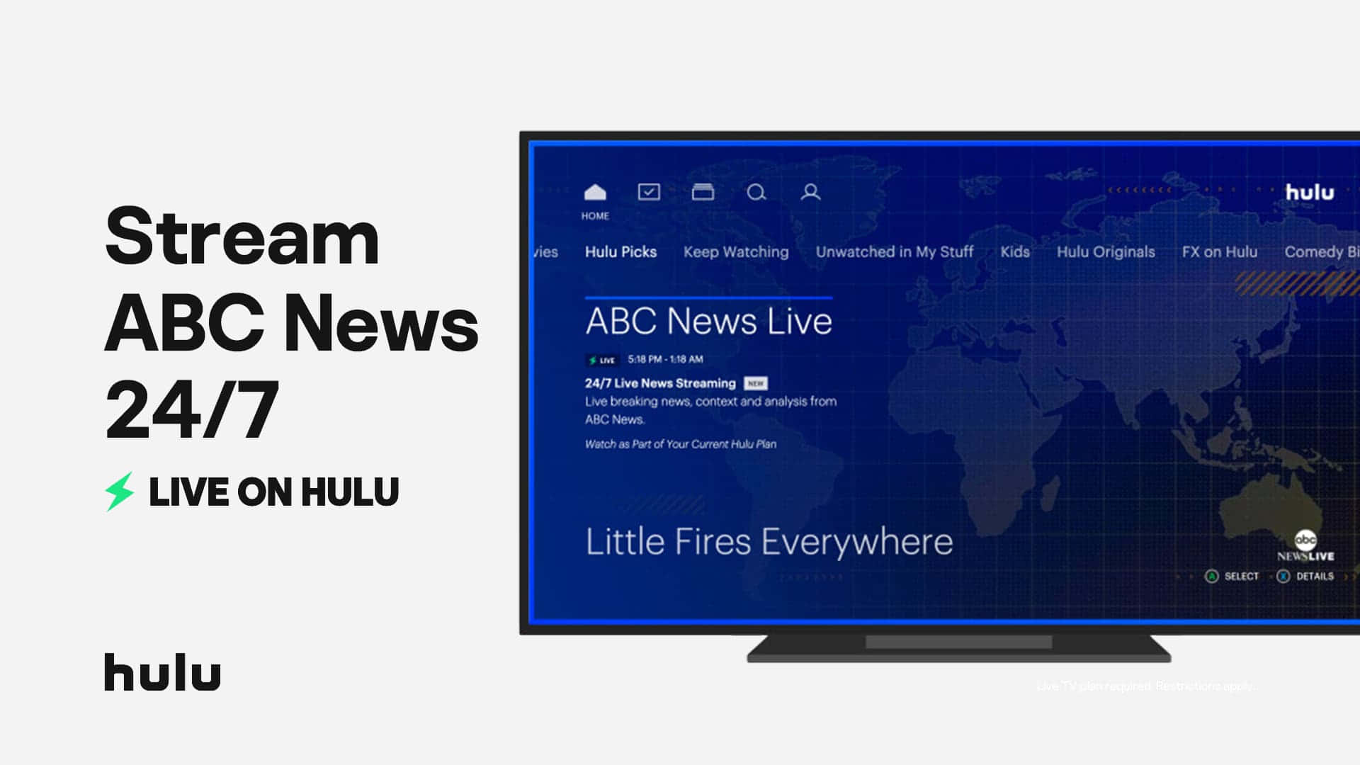 Hulu電視屏幕顯示ABC News Live，附有世界地圖和標題Little Fires Everywhere。