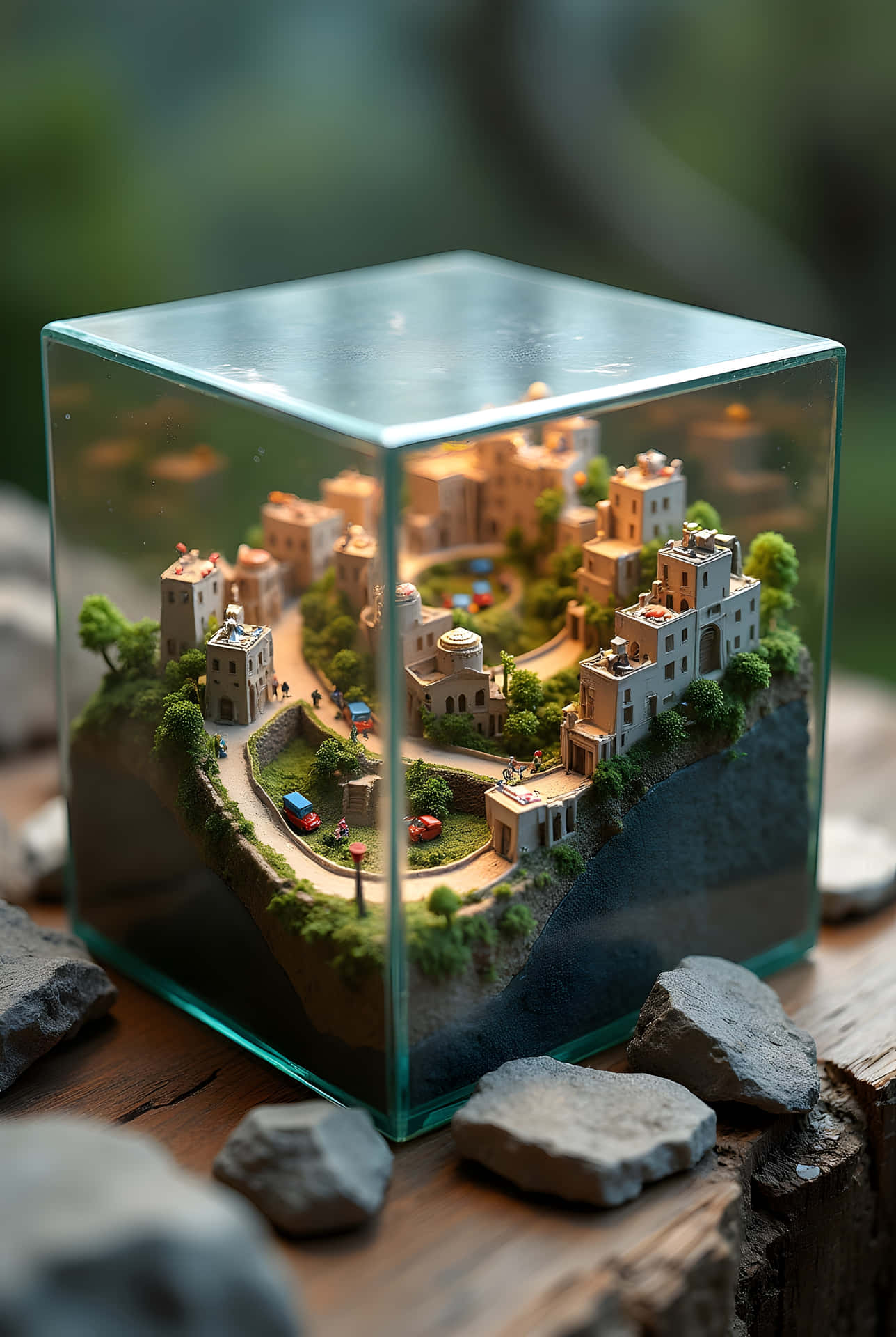 一個微型地中海村莊模型，封閉在玻璃立方體內，放置在木質表面上，周圍有灰色岩石。
