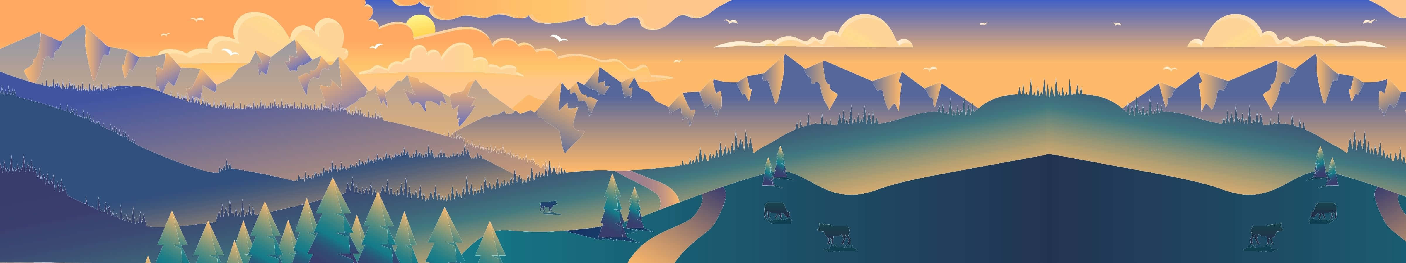 寧靜的山景，森林和蜿蜒小徑，在充滿活力的日落天空下。