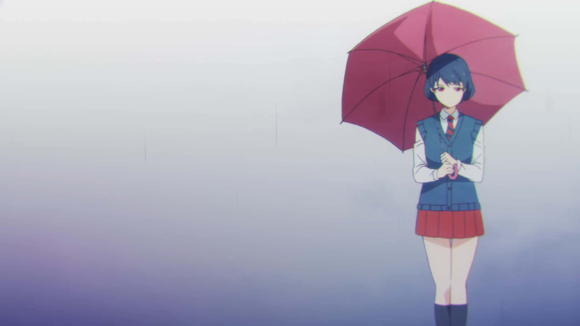 動漫女學生穿著校服在雨中的紫灰色場景中撐著紅傘。