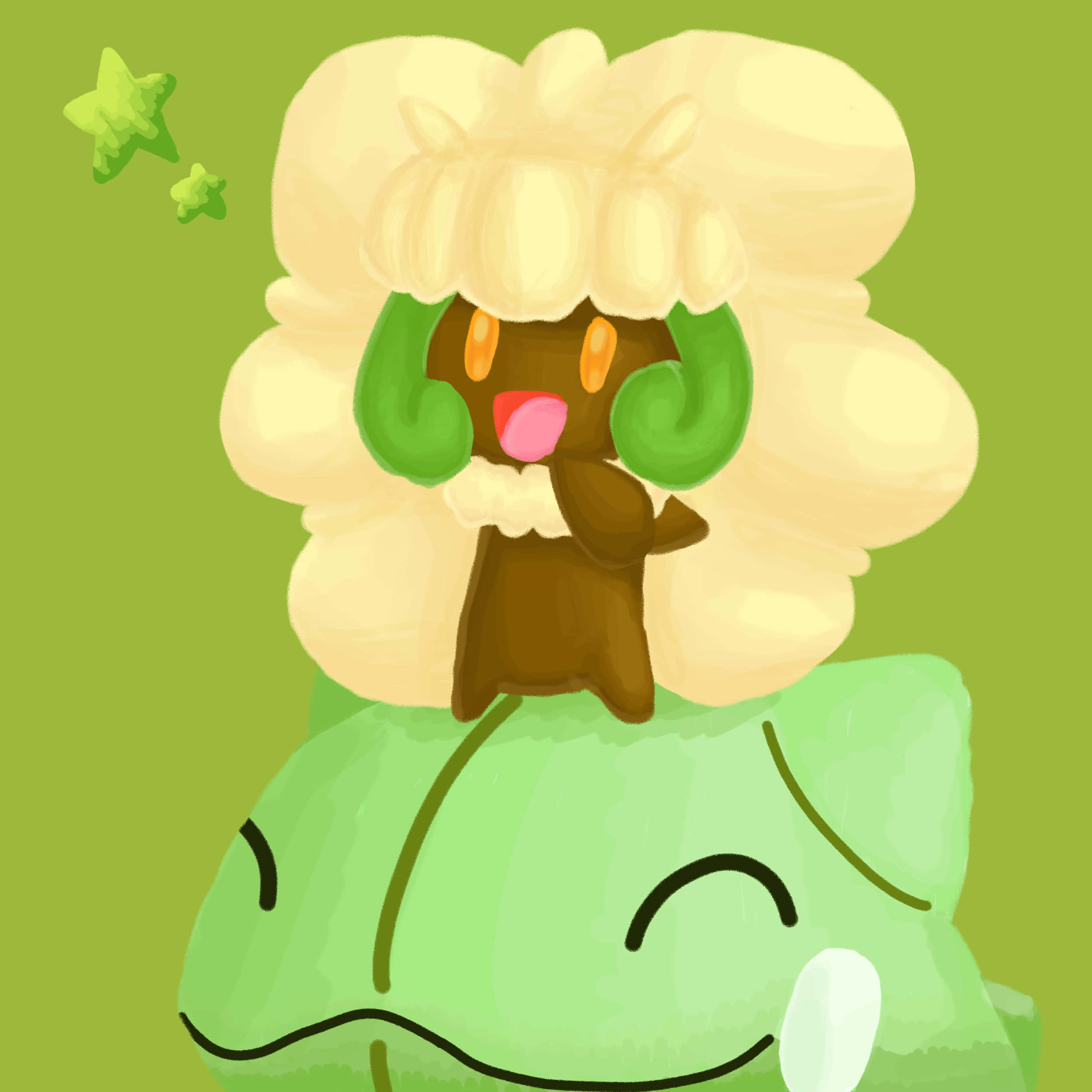 站在可愛綠色娃娃上的開心Whimsicott 壁紙 — 一個可愛的卡通羊狀生物，擁有蓬鬆的奶油色羊毛和綠色耳朵，坐在一個微笑的綠色葉子怪物上，背景是純綠色。