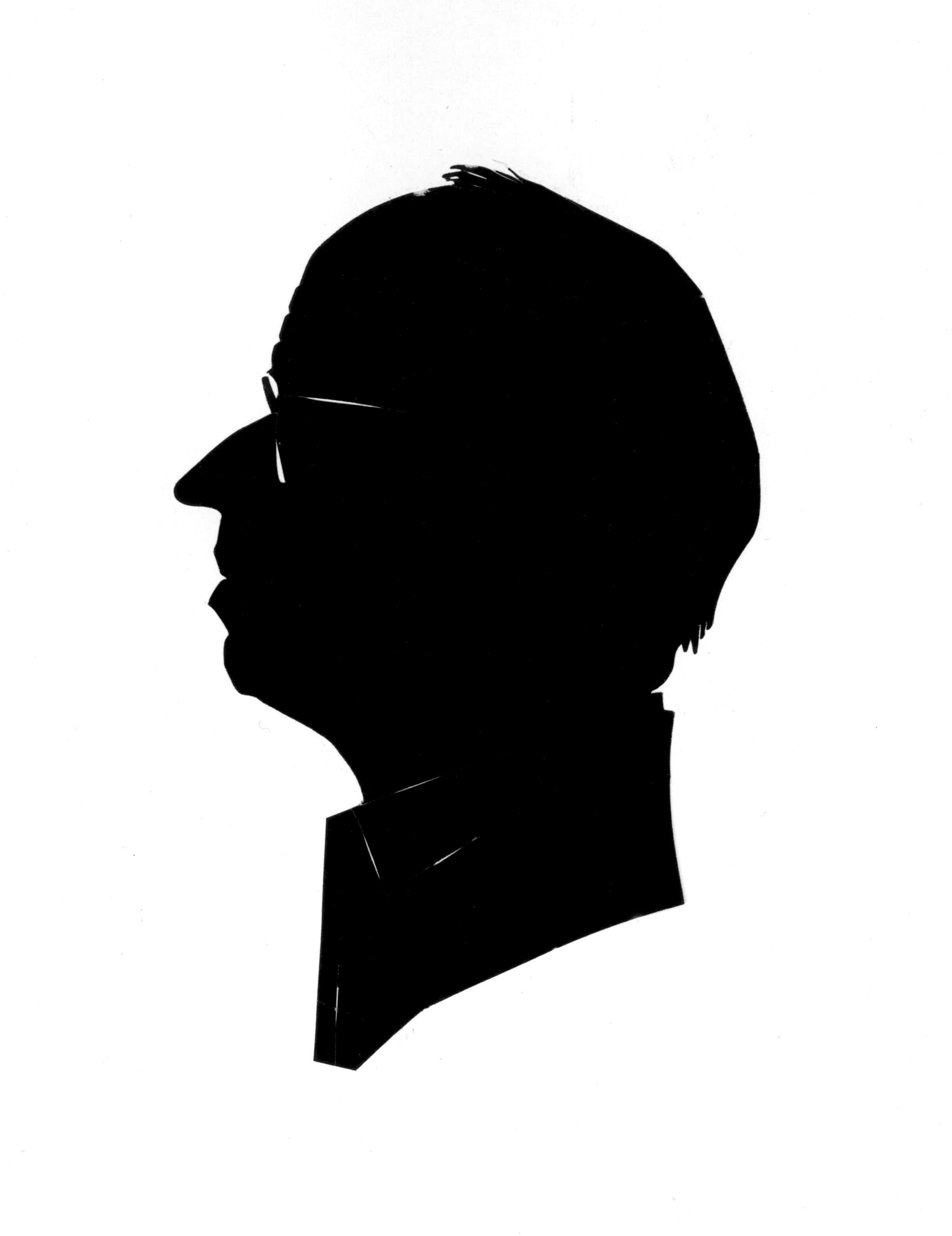 站在懸崖邊的男性剪影 壁紙 — 一個戴眼鏡和穿有領襯衫的男性側面剪影，在純白色背景上呈現鮮明的黑色。