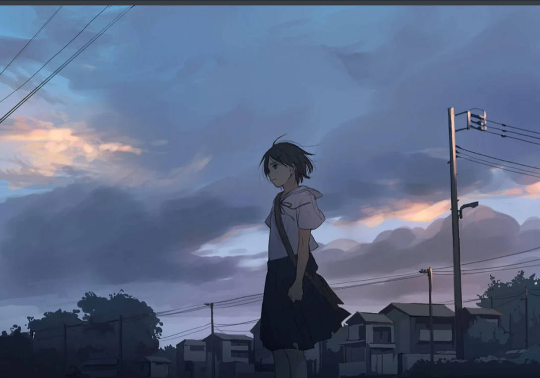 動漫女孩穿著校服，在寧靜的郊區獨自站在暮色中。