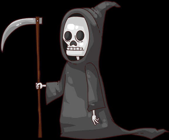 站立卡通死神 壁紙 — 一個卡通死神，骷髏臉，長兜帽，手持鐮刀，背景為黑色。