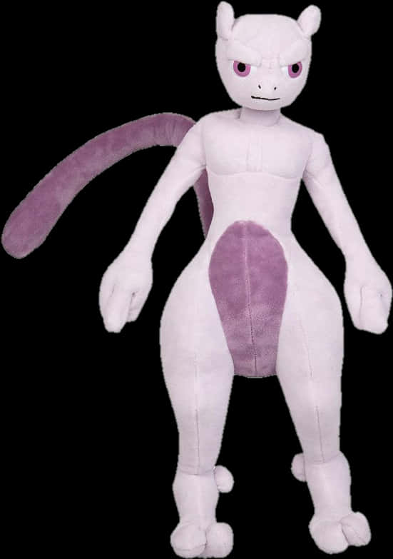 站立式超夢毛絨玩具 壁紙 — 一個毛絨 Mewtwo 玩具直立於黑色背景前，尾巴和背部有紫色點綴。