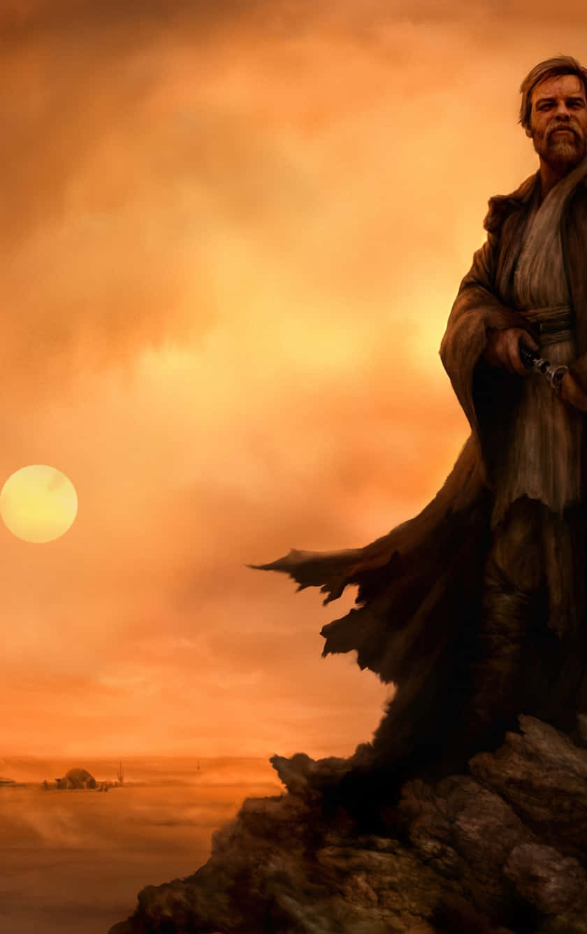 站立的歐比王塔圖因背景 壁紙 — 一個孤獨的鬍鬚男人穿著長袍，站在懸崖邊緣，背景是火紅的橙色天空，地平線上有個大太陽。