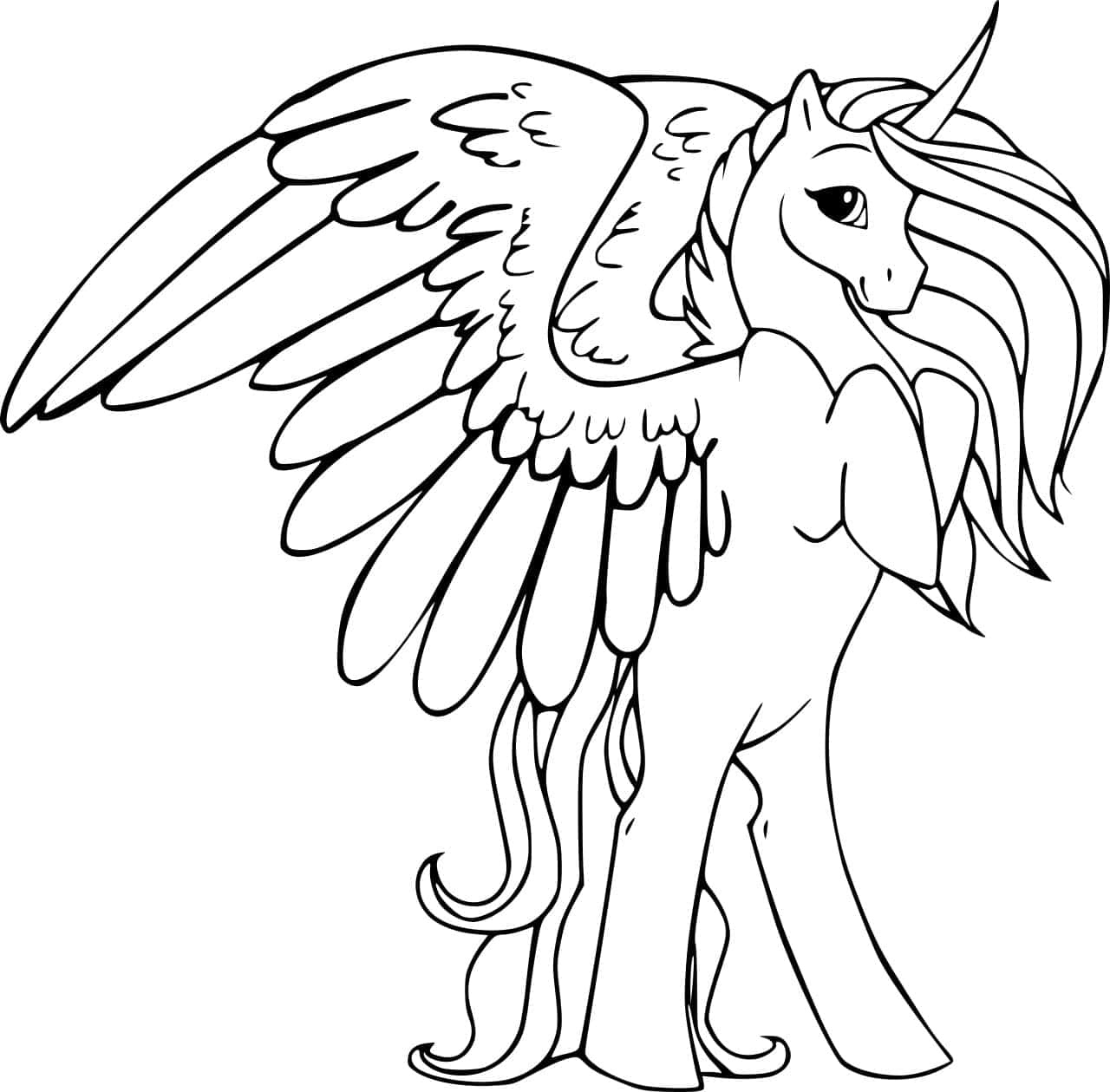 站立飛翼獨角獸塗色圖 壁紙 — 一隻優雅的有翼獨角獸，擁有飄逸的鬃毛和尾巴，以乾淨的黑白線條藝術風格站立。
