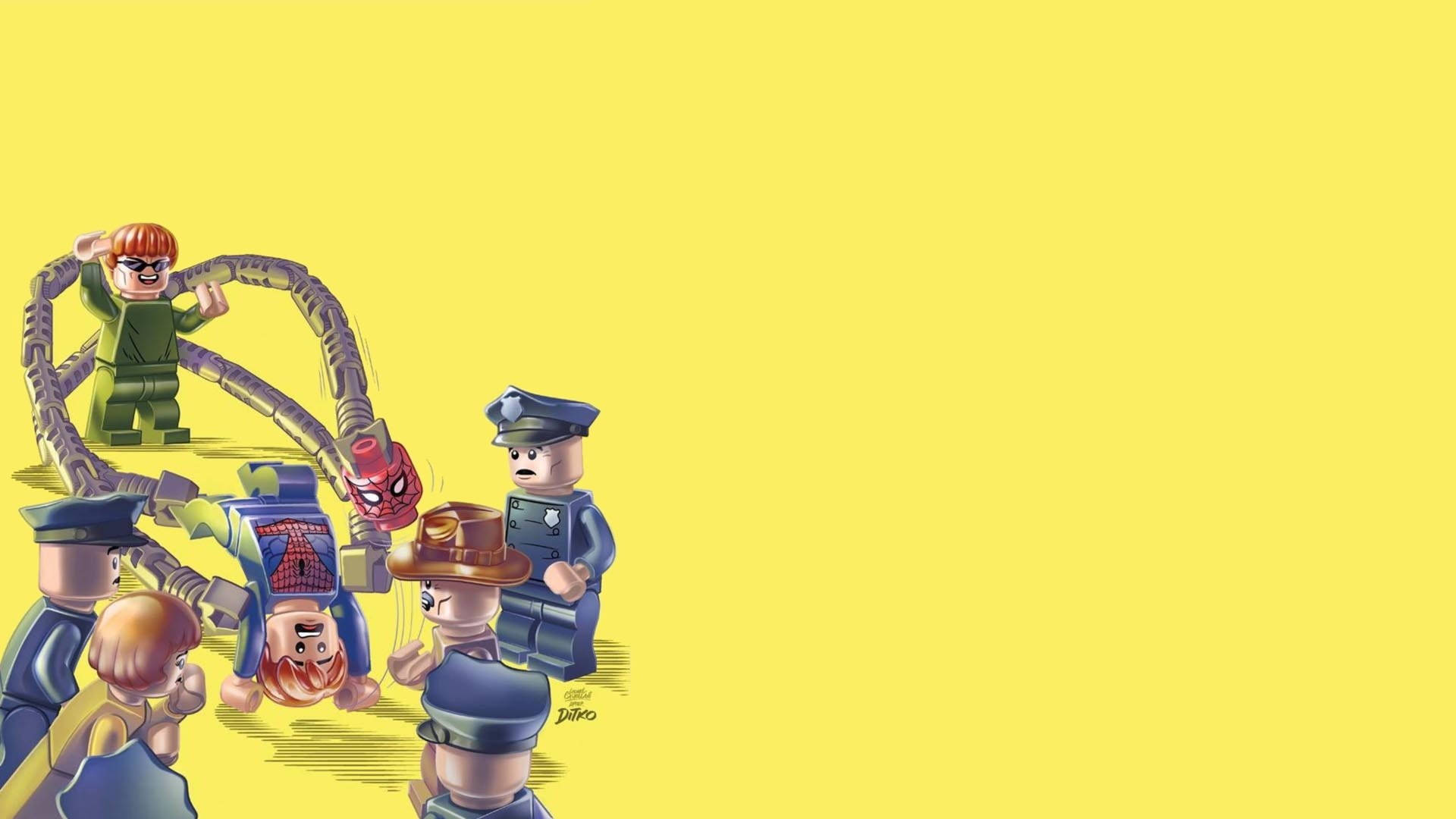 樂高蜘蛛俠被綠色反派困在蜘蛛網中，被警察包圍。