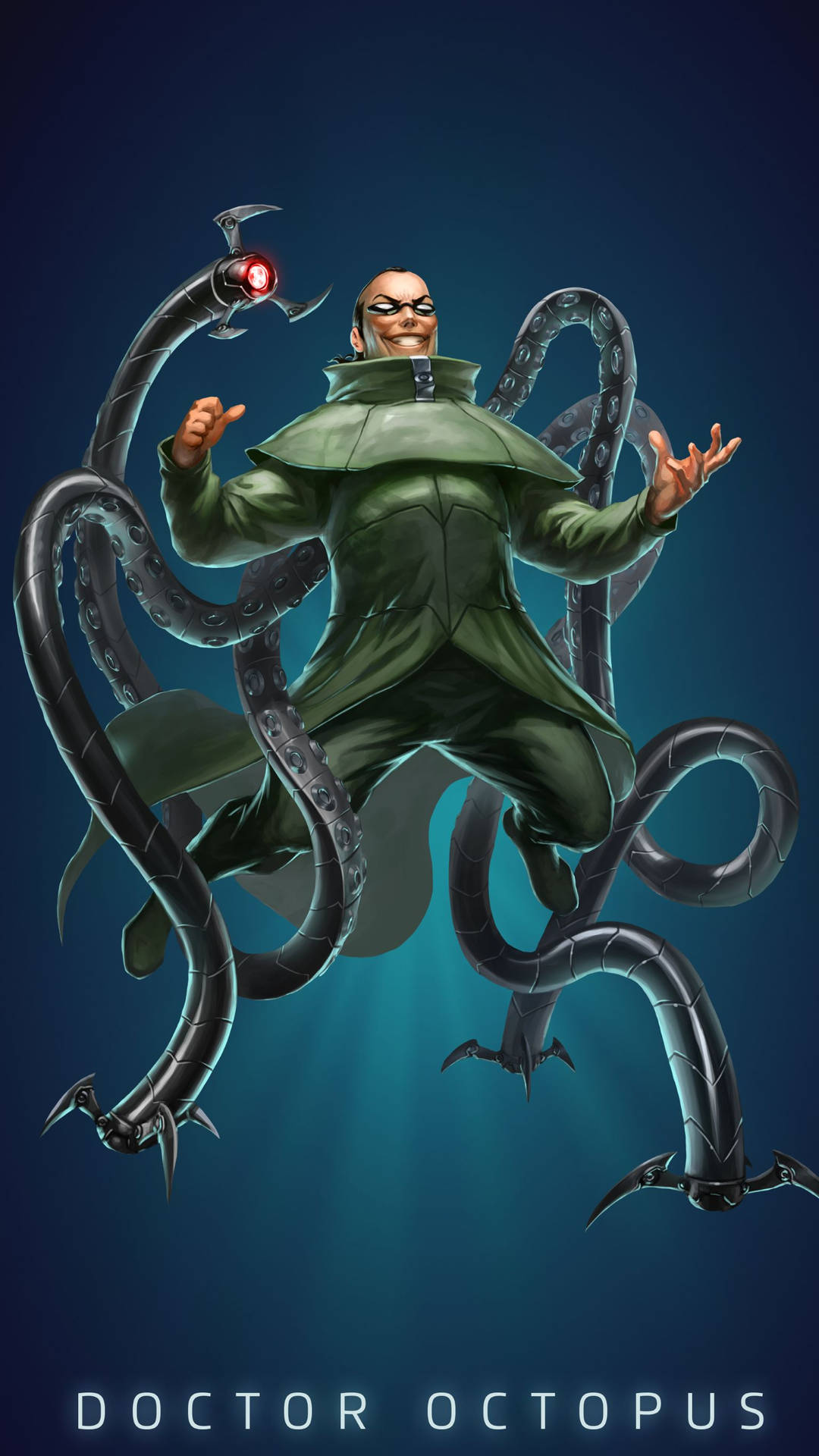 八爪魚博士帶著機械觸手漂浮在深藍色空間中。