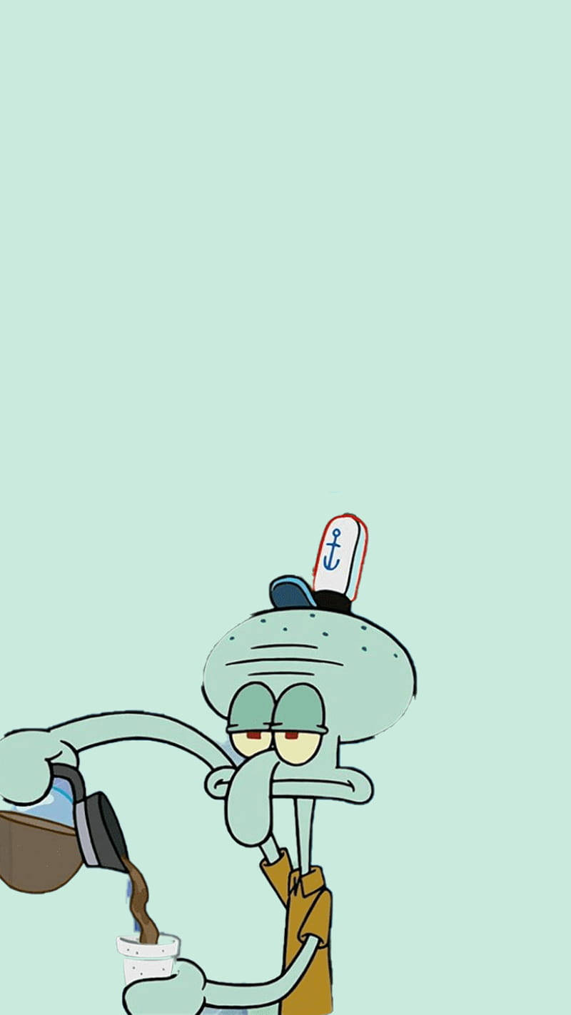 章魚哥倒咖啡 壁紙 — 喺淡薄荷色背景上，Squidward 帶住疲倦嘅表情倒咖啡。