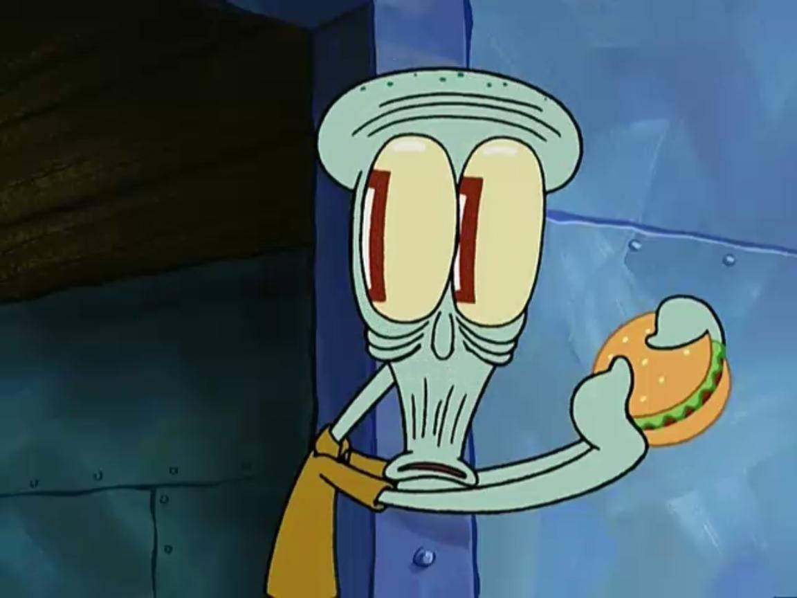 章魚哥搞笑漢堡迷因 壁紙 — 喺昏暗嘅房間入面，Squidward 拎住一個食咗一半嘅漢堡，表情震驚。