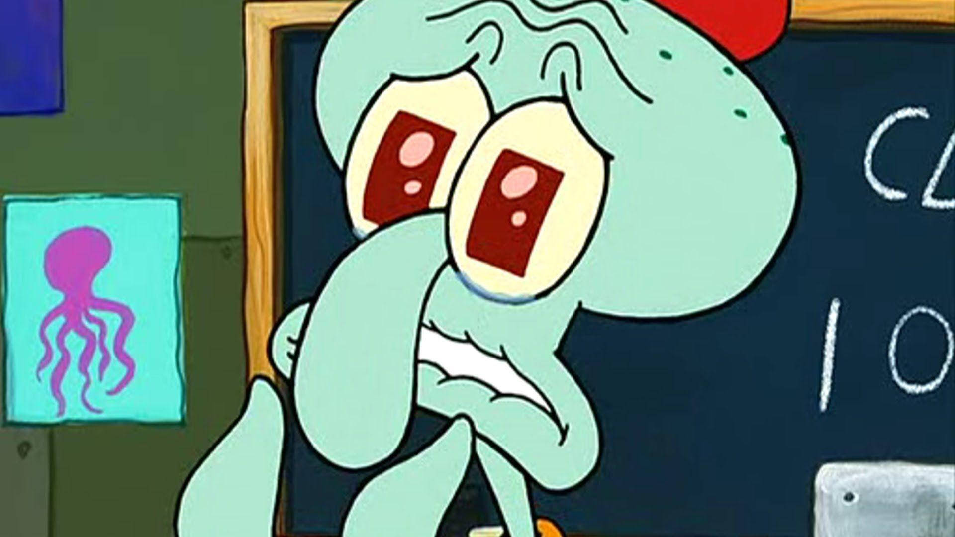 章魚哥撒嬌大眼 壁紙 — Squidward 喺佢課室嘅黑板前面企，睇起嚟好緊張同沮喪。