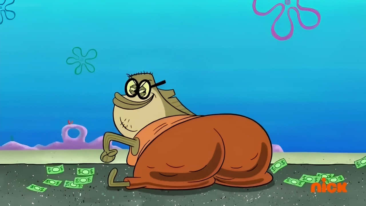 Bubble Bass 桌布 壁紙 — 章魚哥癱坐在海底，周圍散落著美元鈔票，呈現卡通風格的水下場景。