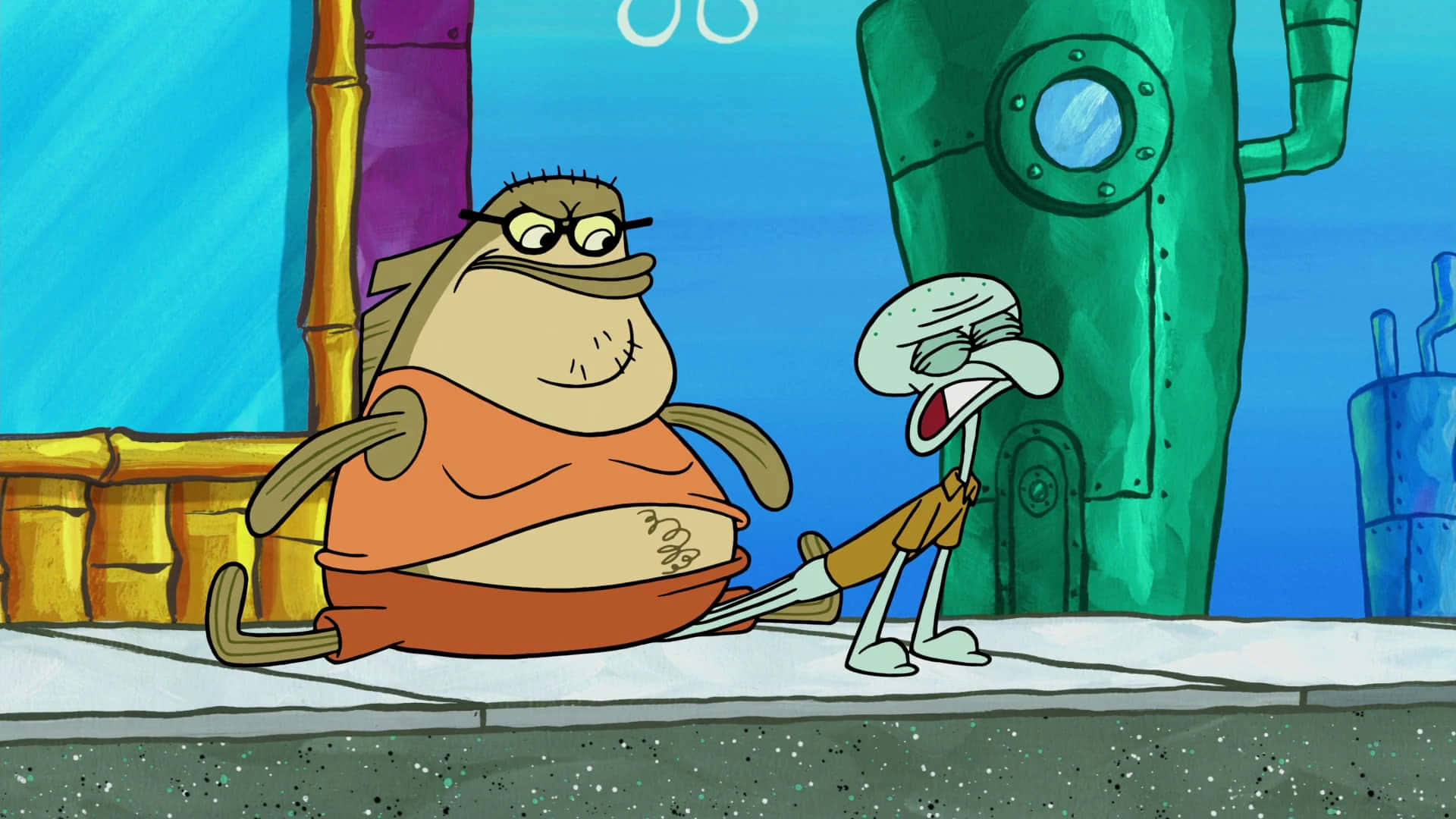 Bubble Bass 桌布 壁紙 — 章魚哥看起來很惱火，一條穿著橙色襯衫的大魚在水下拉著他的手臂。
