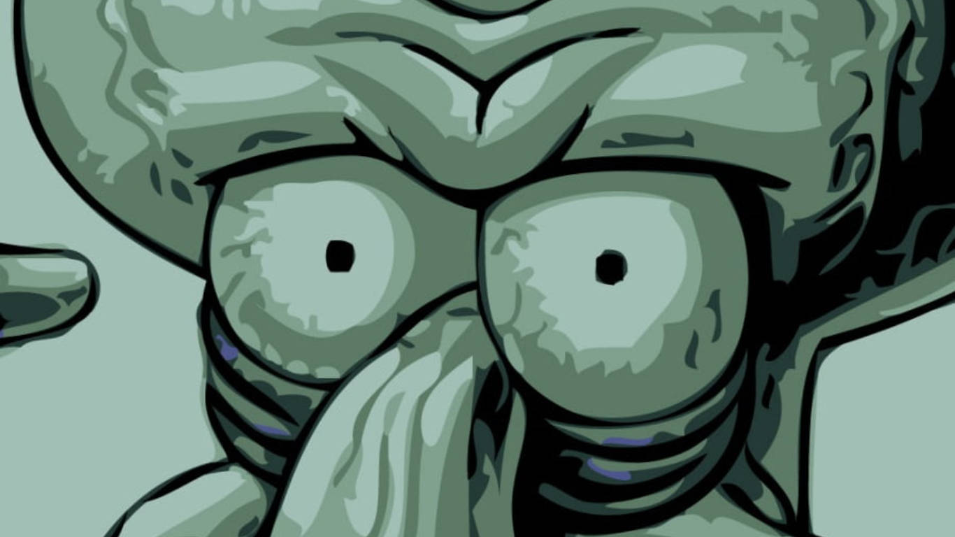 章魚哥緊張眼神 壁紙 — 卡通魷魚的特寫，有大眼睛和長鼻子，採用單色綠色風格。