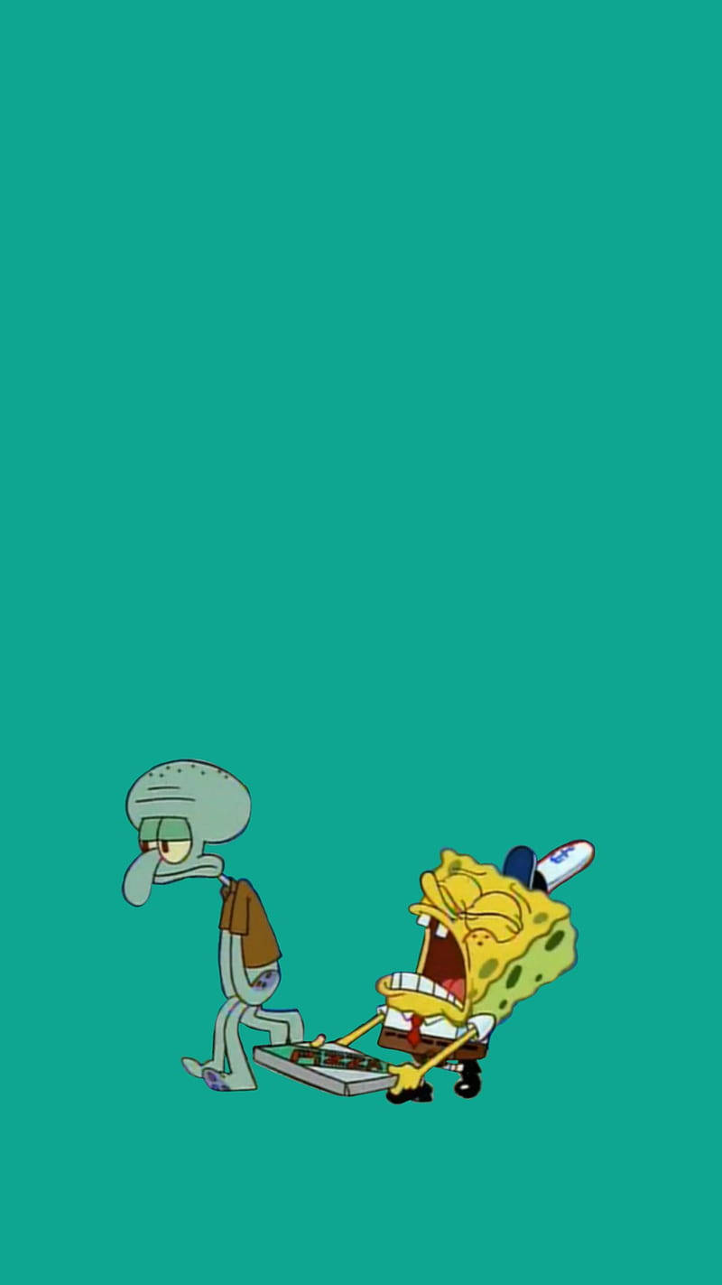 章魚哥與蟹堡王賣披薩 壁紙 — Squidward 冷靜地走路，而 SpongeBob 用瘋狂的能量拉著一個薄餅盒，背景是純青色。