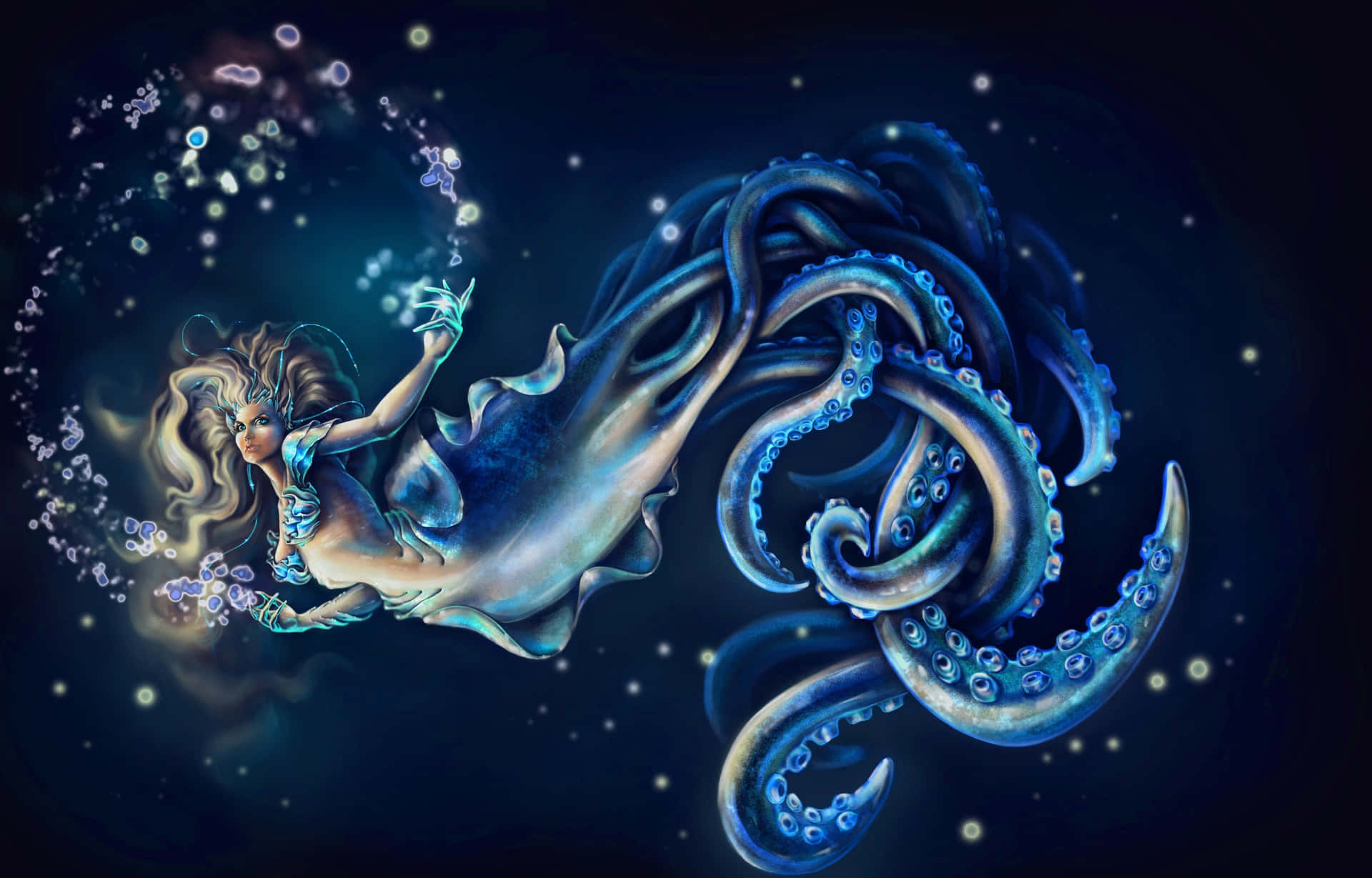 一條發光的人魚，帶有章魚觸手，在星光燦爛的宇宙海中游泳。