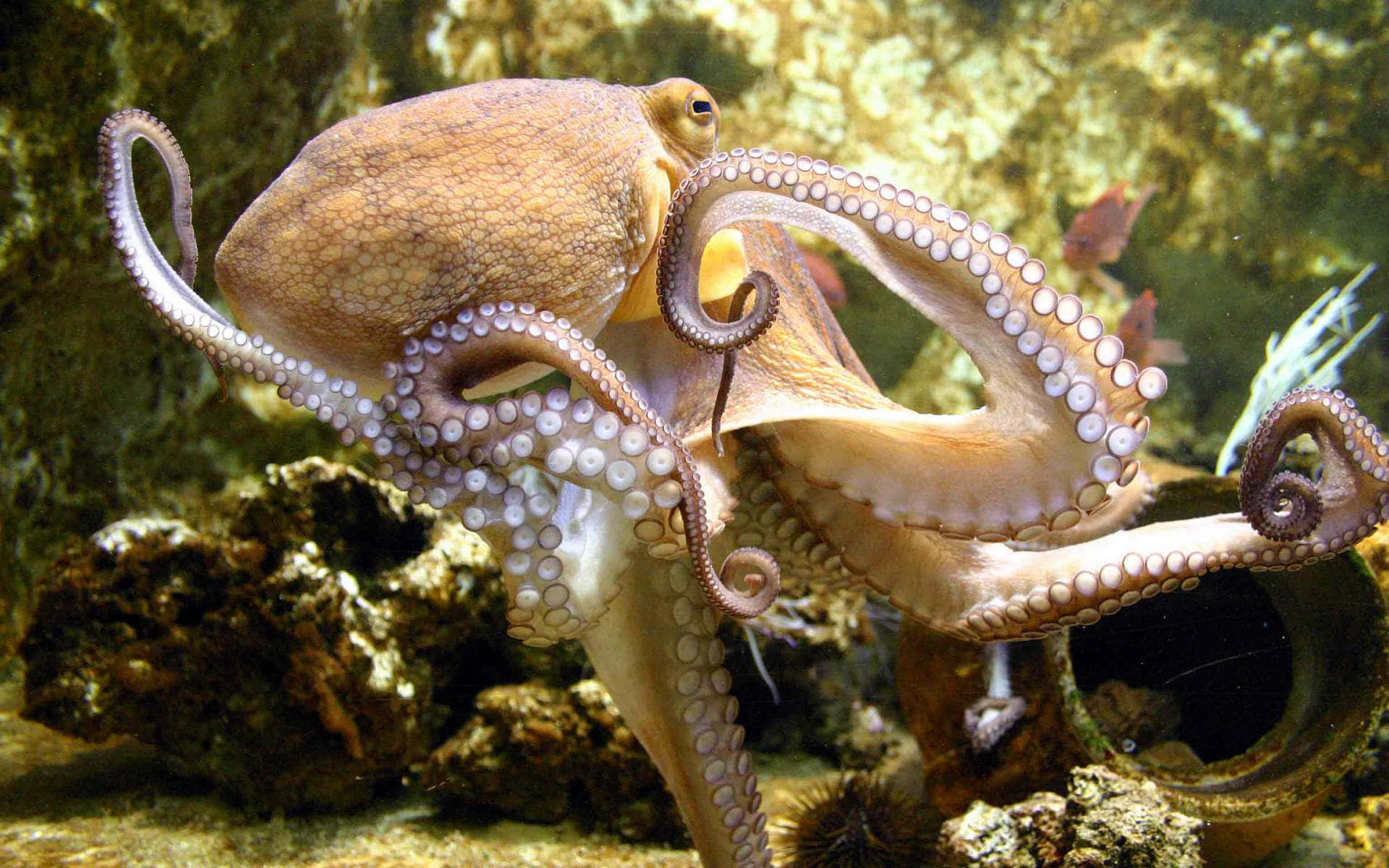 帶有捲曲觸手的章魚在水族館的岩石和珊瑚附近游泳。