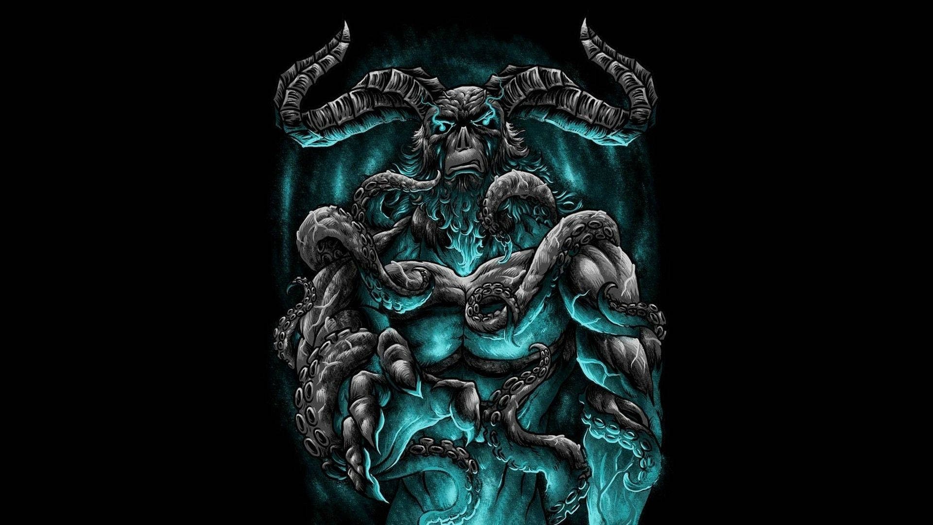 發光青綠色惡魔，有角和觸手，黑色背景
