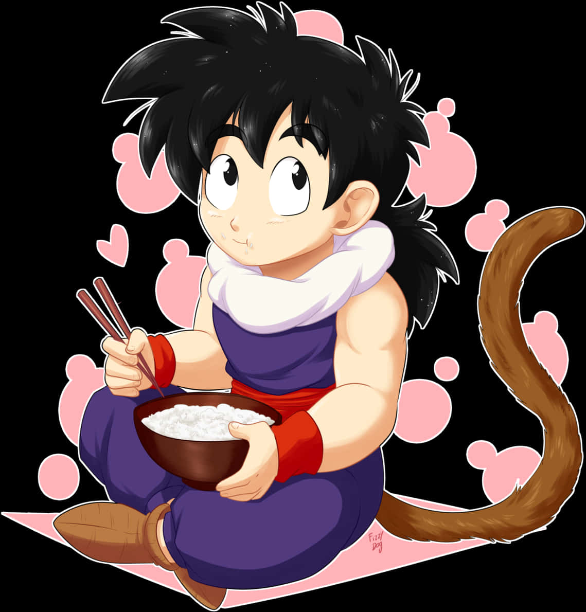 童年孫悟空吃飯龍珠 壁紙 — 一個可愛的動漫男孩，有猴子尾巴，用筷子吃飯，周圍有粉紅色心形，背景是黑色。