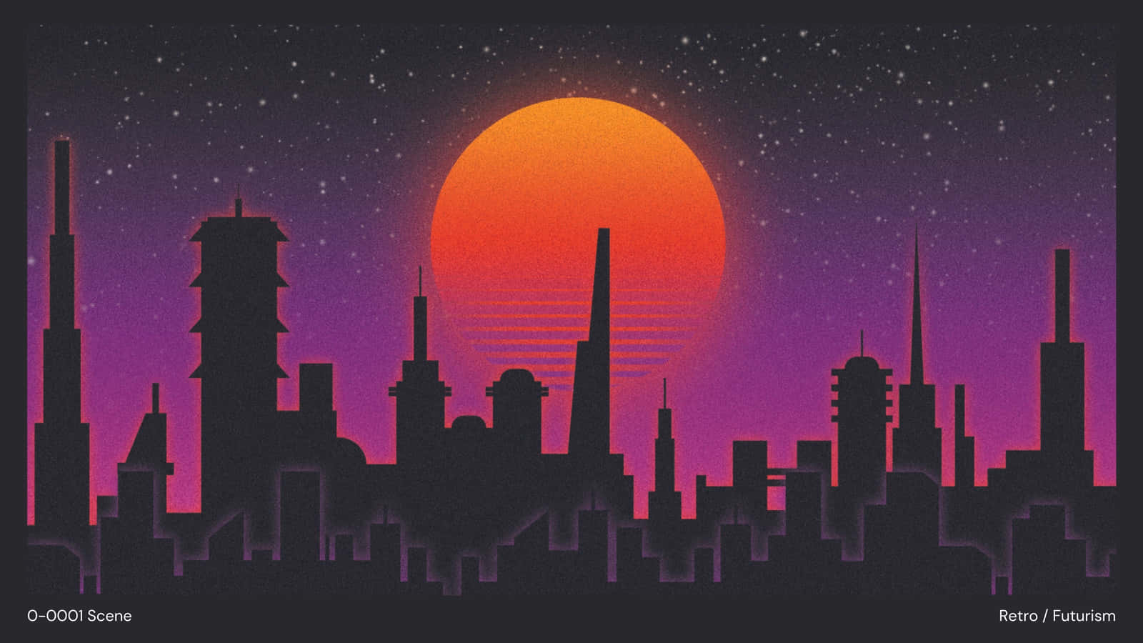日落時分的城市天際線，帶有復古未來主義建築和星空。