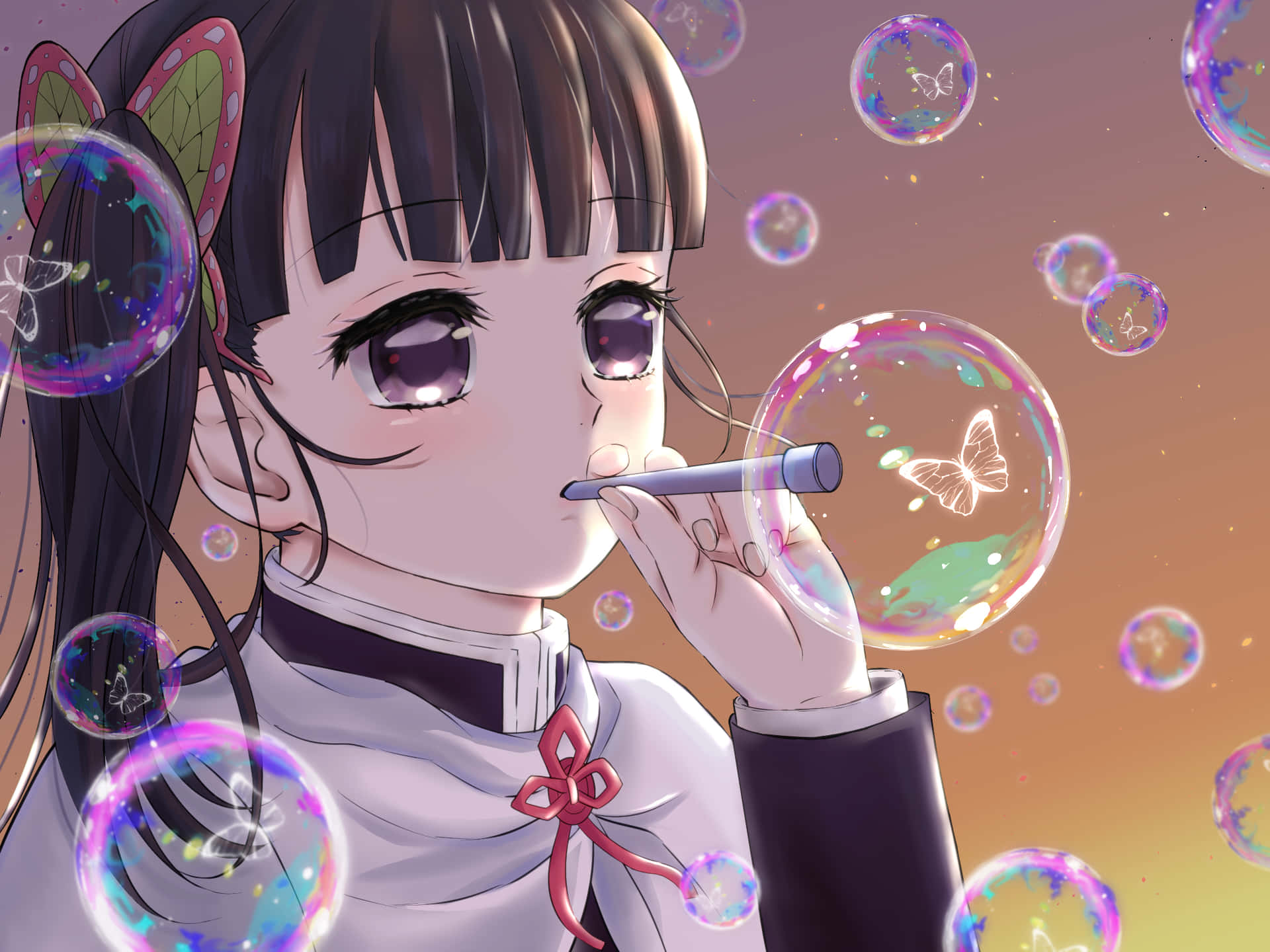 動漫女孩吹出帶有蝴蝶的彩色泡泡