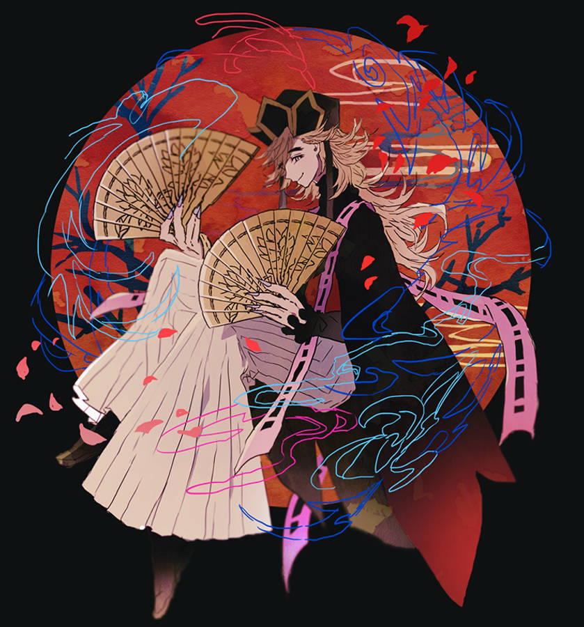 童磨與紅月 壁紙 — 兩個穿著傳統服飾的動漫角色在旋轉的紅藍宇宙背景下手持扇子，花瓣飄落。