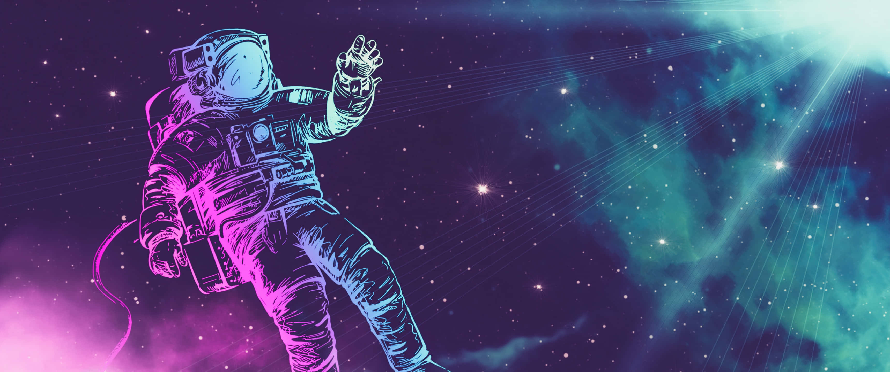 童稚太空人探索色彩繽紛的卡通太空 壁紙 — 一名太空人在充滿活力的宇宙空間中漂浮，身後有霓虹粉紅和藍綠色的星雲發光。
