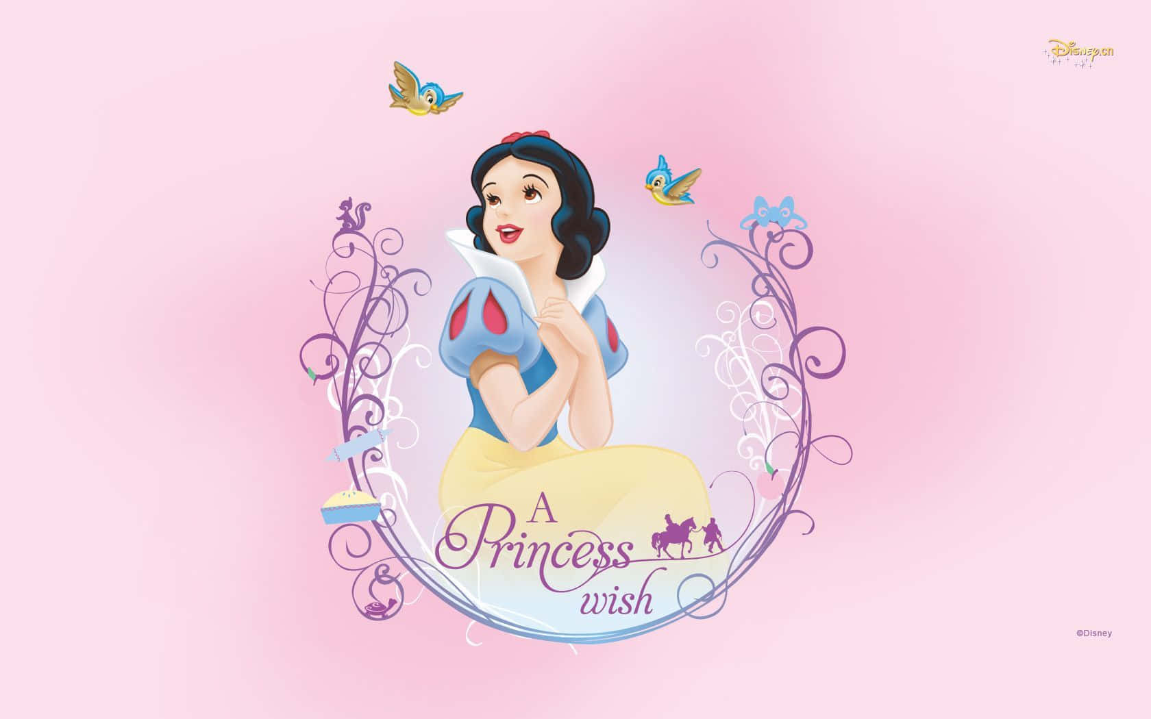 白雪公主在裝飾框架中，帶有鳥兒和文字「A Princess Wish」，粉紅色背景。