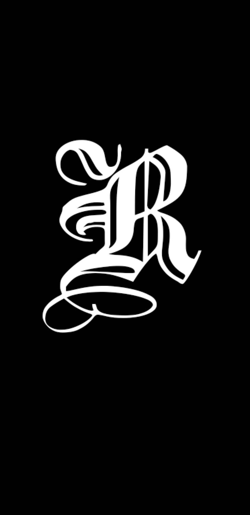 童話風字母R 壁紙 — 一個大膽的白色華麗字母R居中對齊在純黑色背景上。