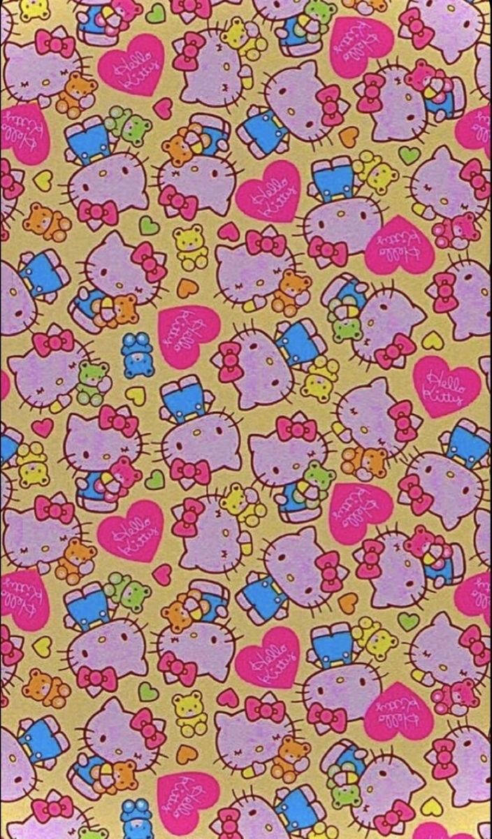 Hello Kitty 壁紙，金色背景上有粉紅色心形和玩具