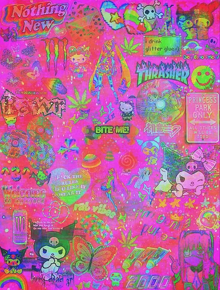 一個充滿貼紙、骷髏頭、動漫角色和閃亮文字的鮮豔粉紅色拼貼畫。