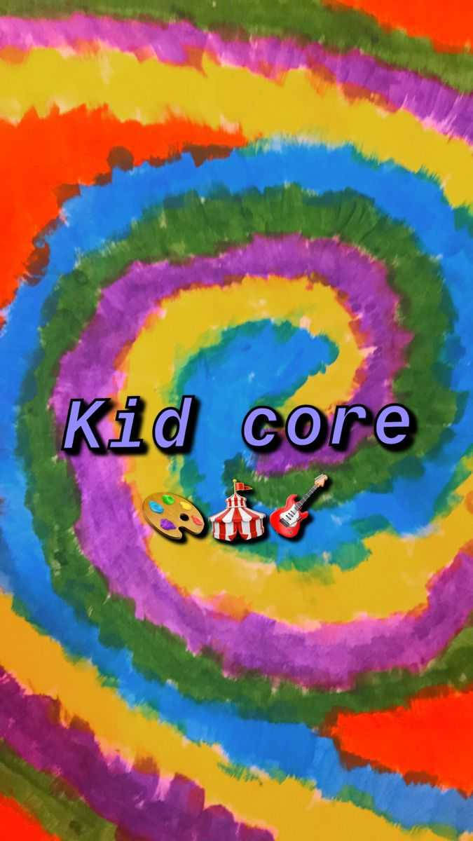 色彩繽紛的螺旋紮染，帶有kid core文字以及顏料調色板、馬戲團帳篷和結他的圖標。