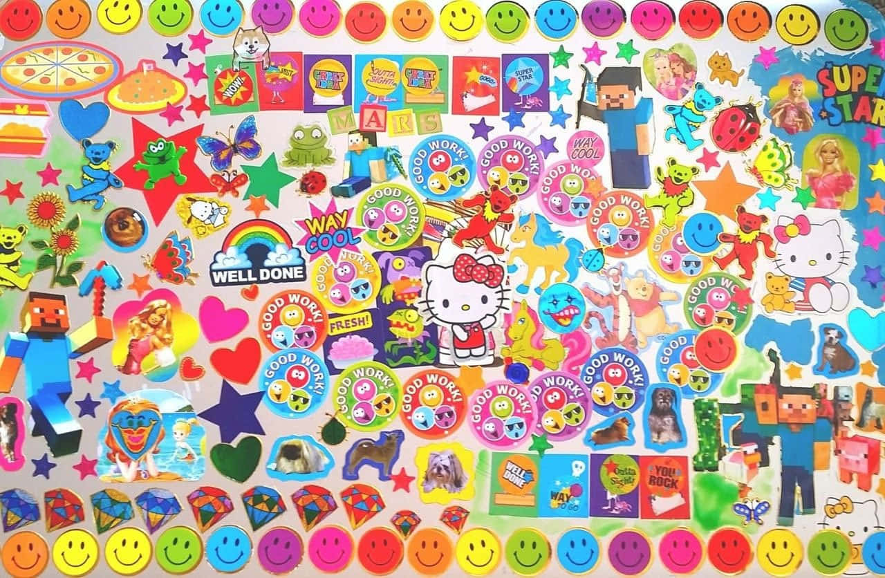 一個色彩繽紛的貼紙系列，包含Hello Kitty Minecraft角色和勵志語句。