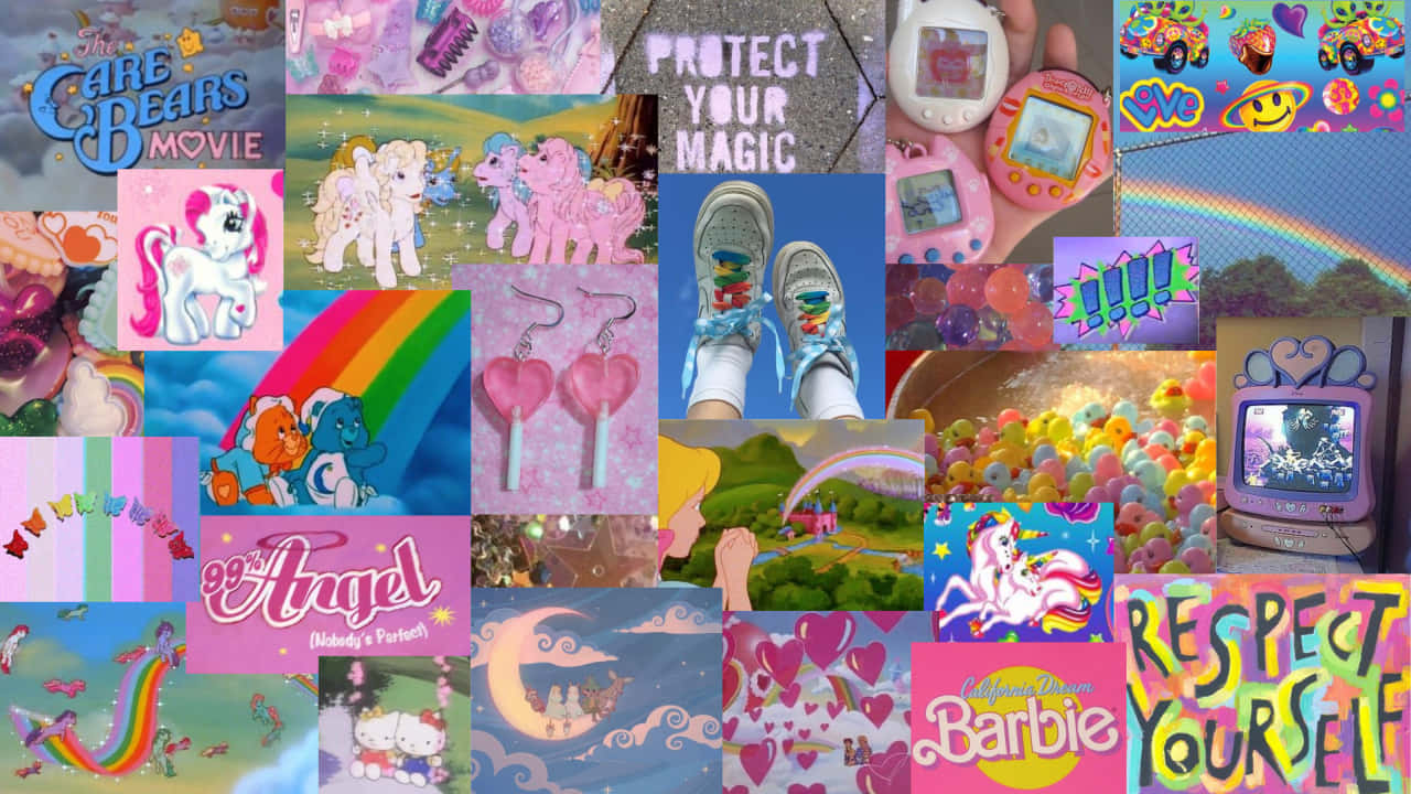 色彩繽紛的90年代流行文化圖標拼貼畫，包括Care Bears、My Little Pony和Tamagotchis。