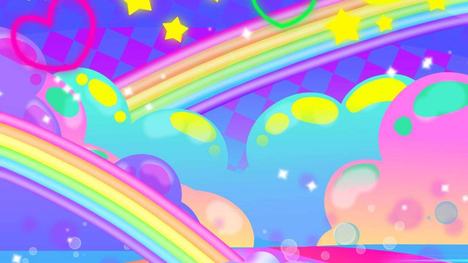 色彩繽紛的卡通彩虹和雲朵，帶有星星和心形，漂浮在格子天空中。