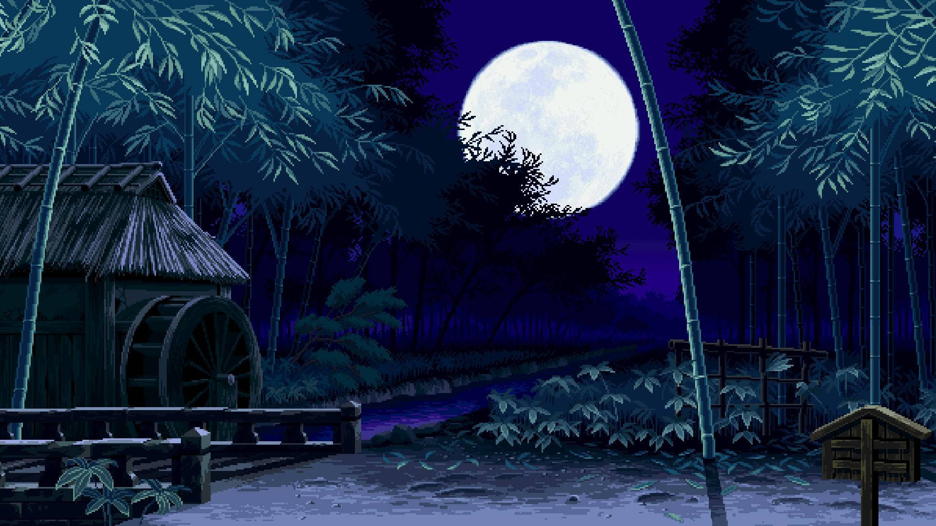 一個寧靜的夜晚竹林，有水車和滿月。