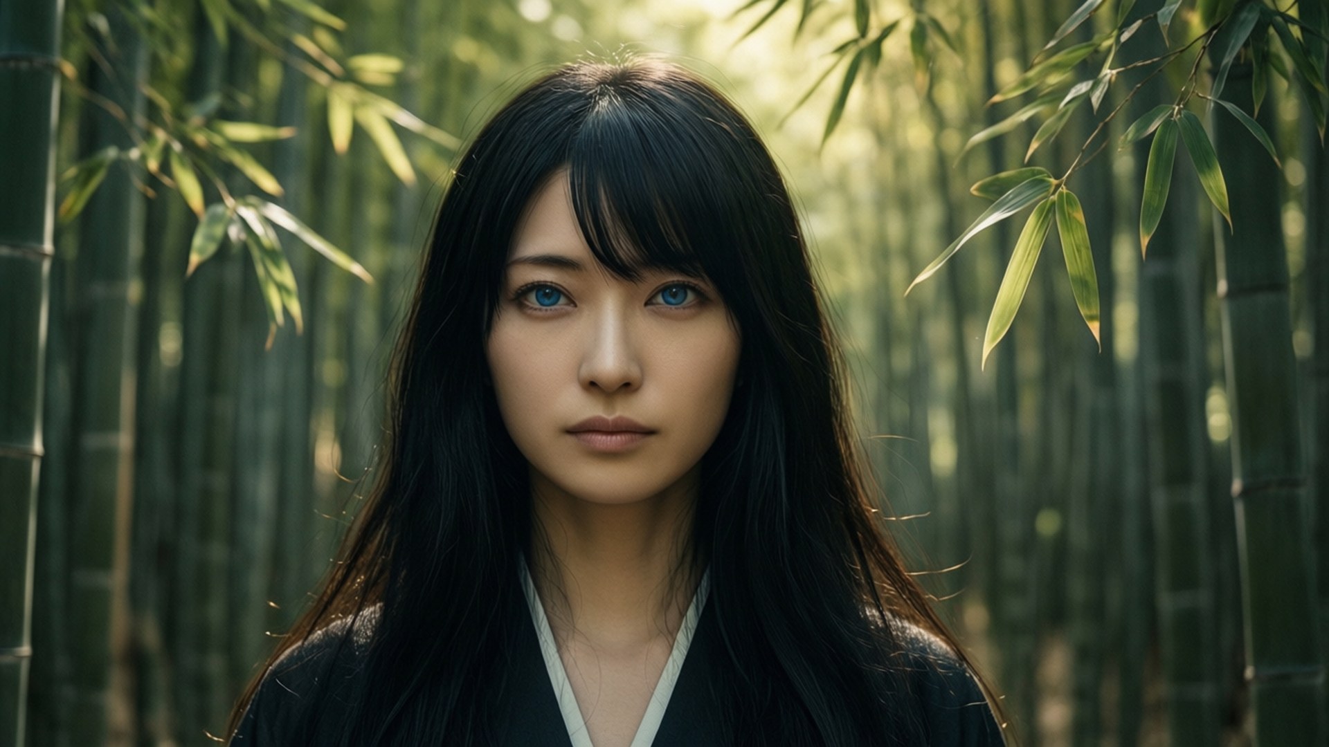 竹林寧靜 壁紙 — 一位寧靜的女子，擁有引人注目的藍色眼睛和長長的黑髮，站在陽光普照的竹林間，身穿帶有白色滾邊的傳統深色長袍。