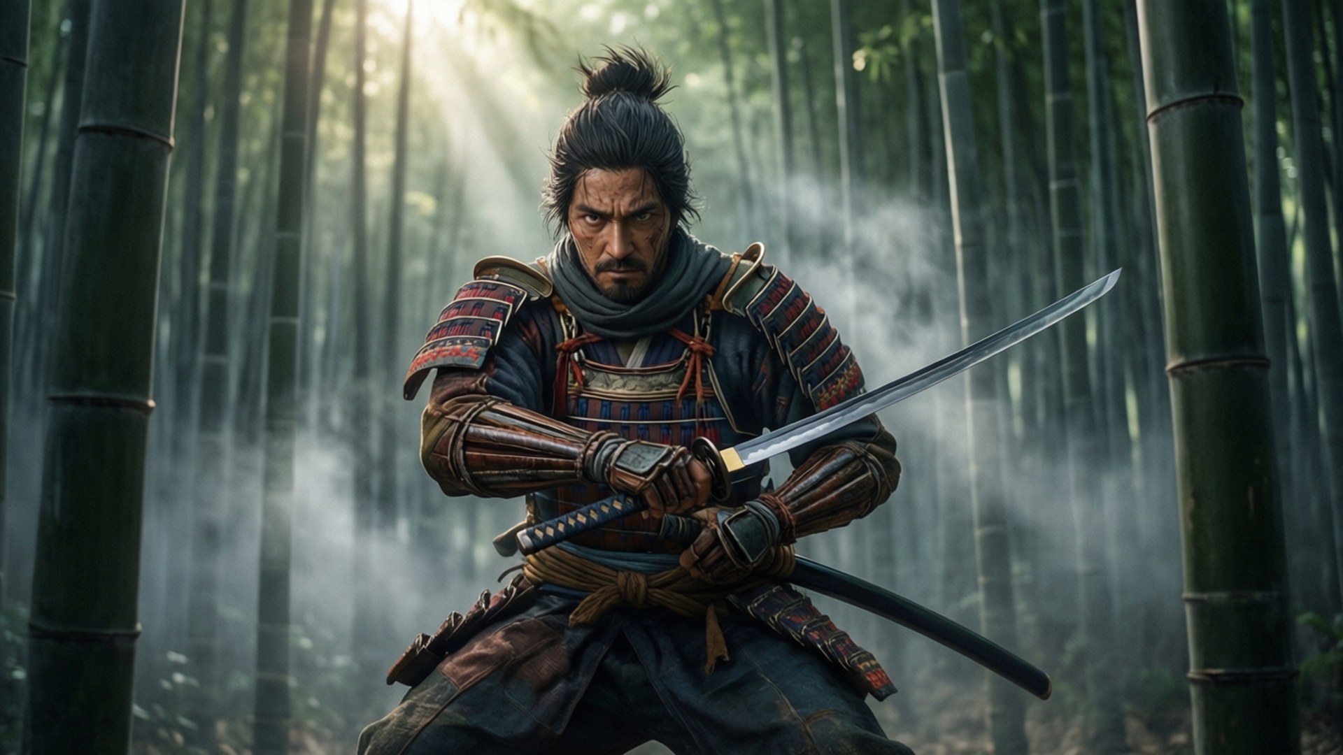 武士在竹林中持刀，伴隨霧氣和陽光