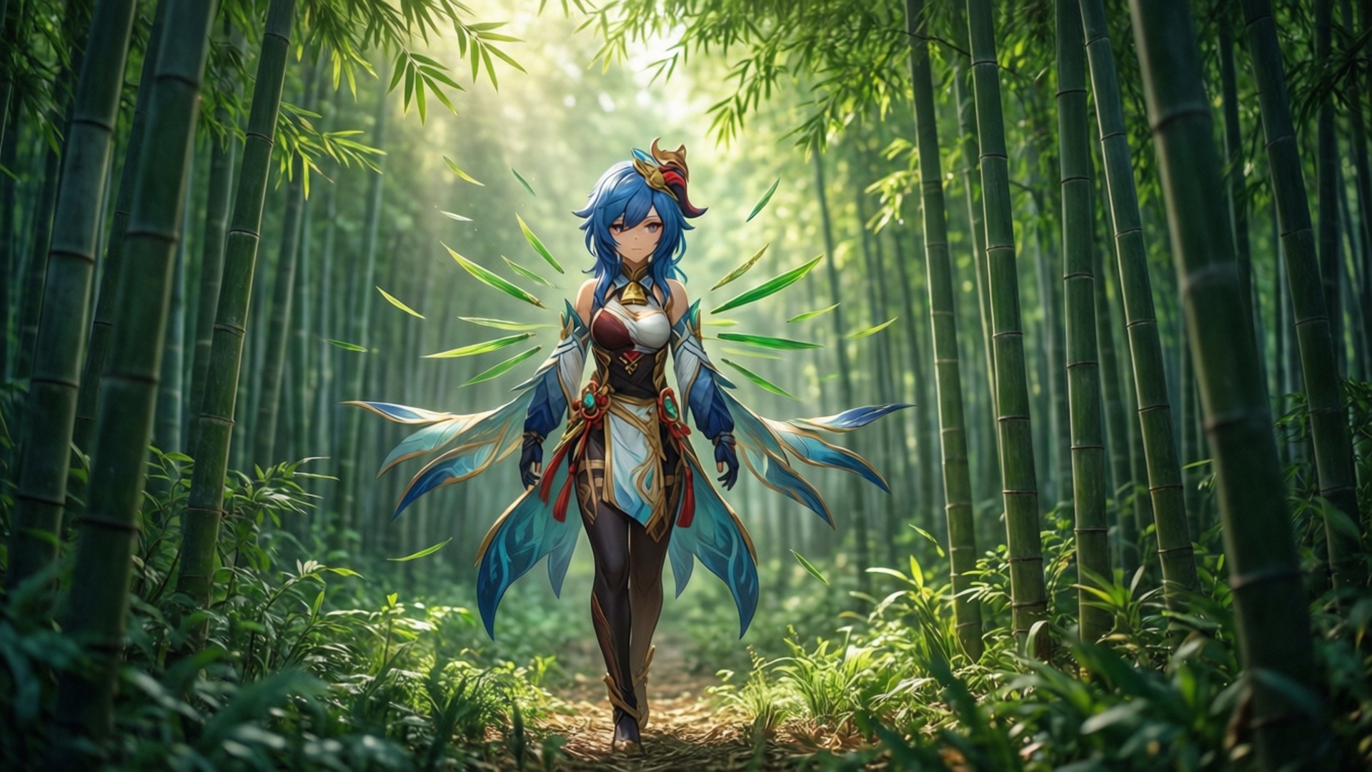 藍髮動漫女孩，翅膀袖子，在日落時分走過竹林。