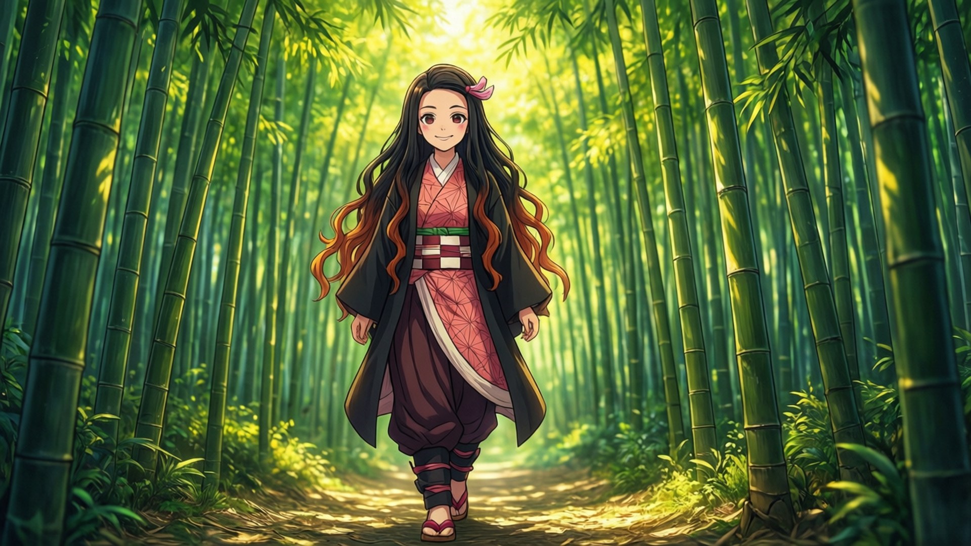 禰豆子穿行於寧靜的竹林之中。