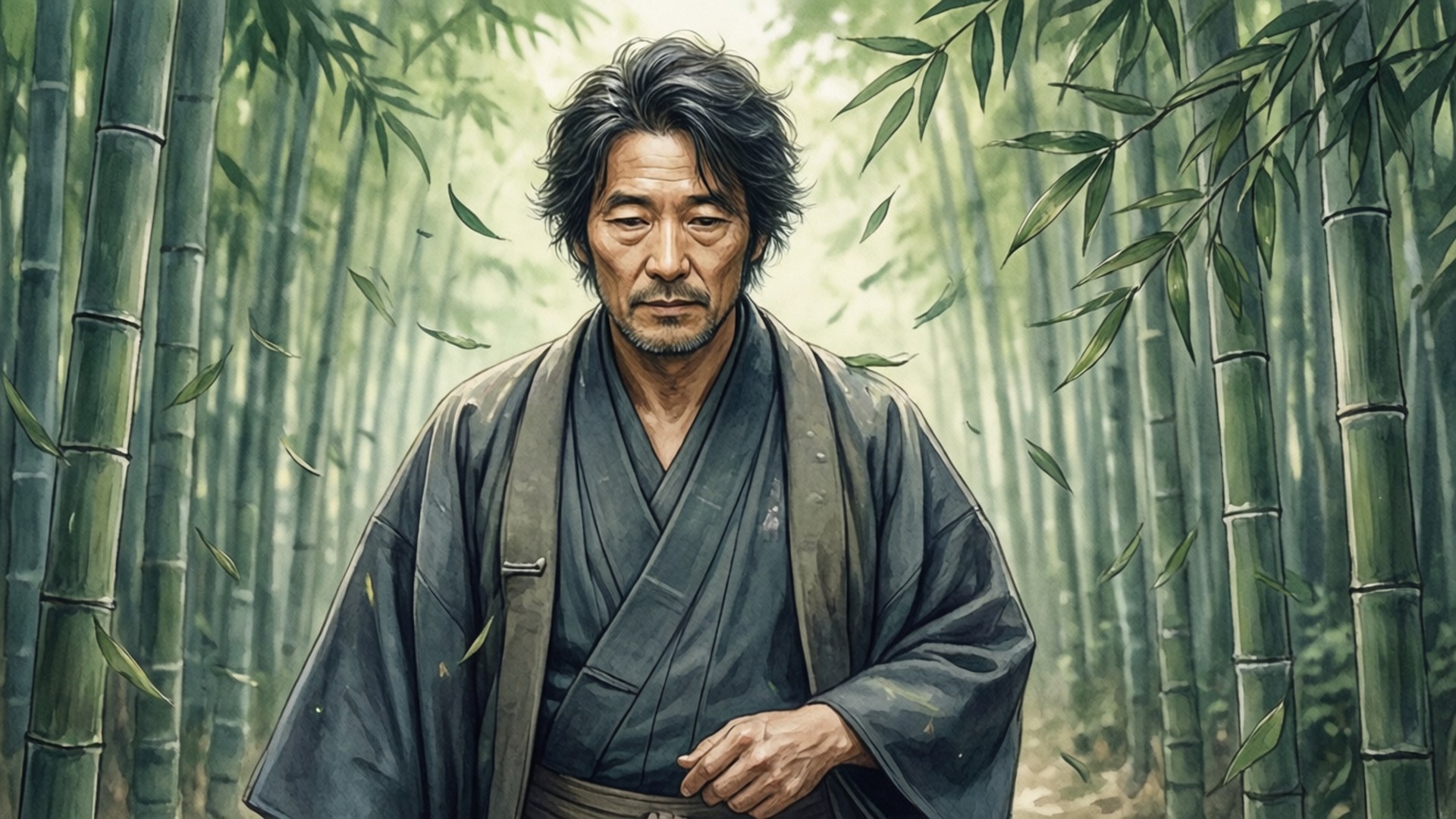 竹林漫步 壁紙 — 一位飽經風霜的武士身穿深色長袍，莊嚴地佇立在 towering 竹林之中，落葉在他周圍飄舞。