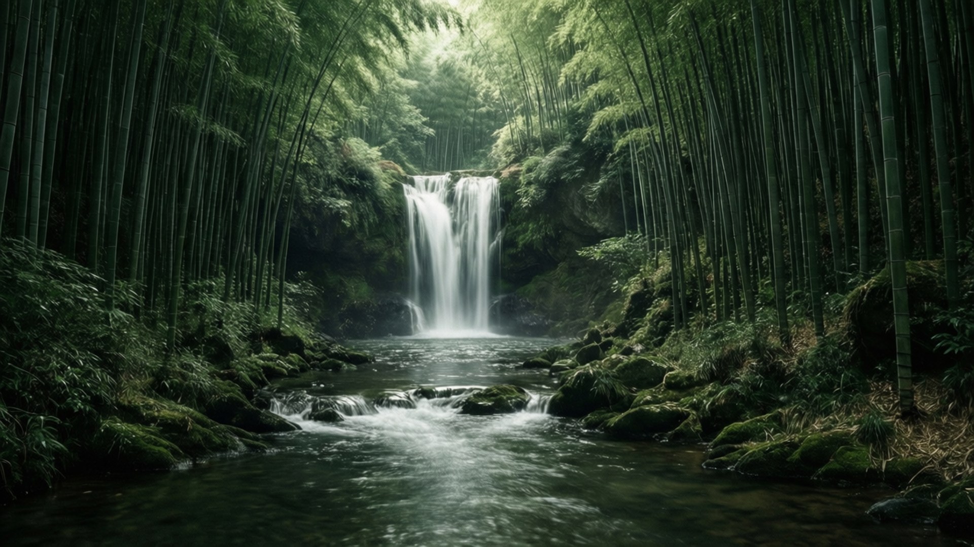 竹林禪意瀑布 壁紙