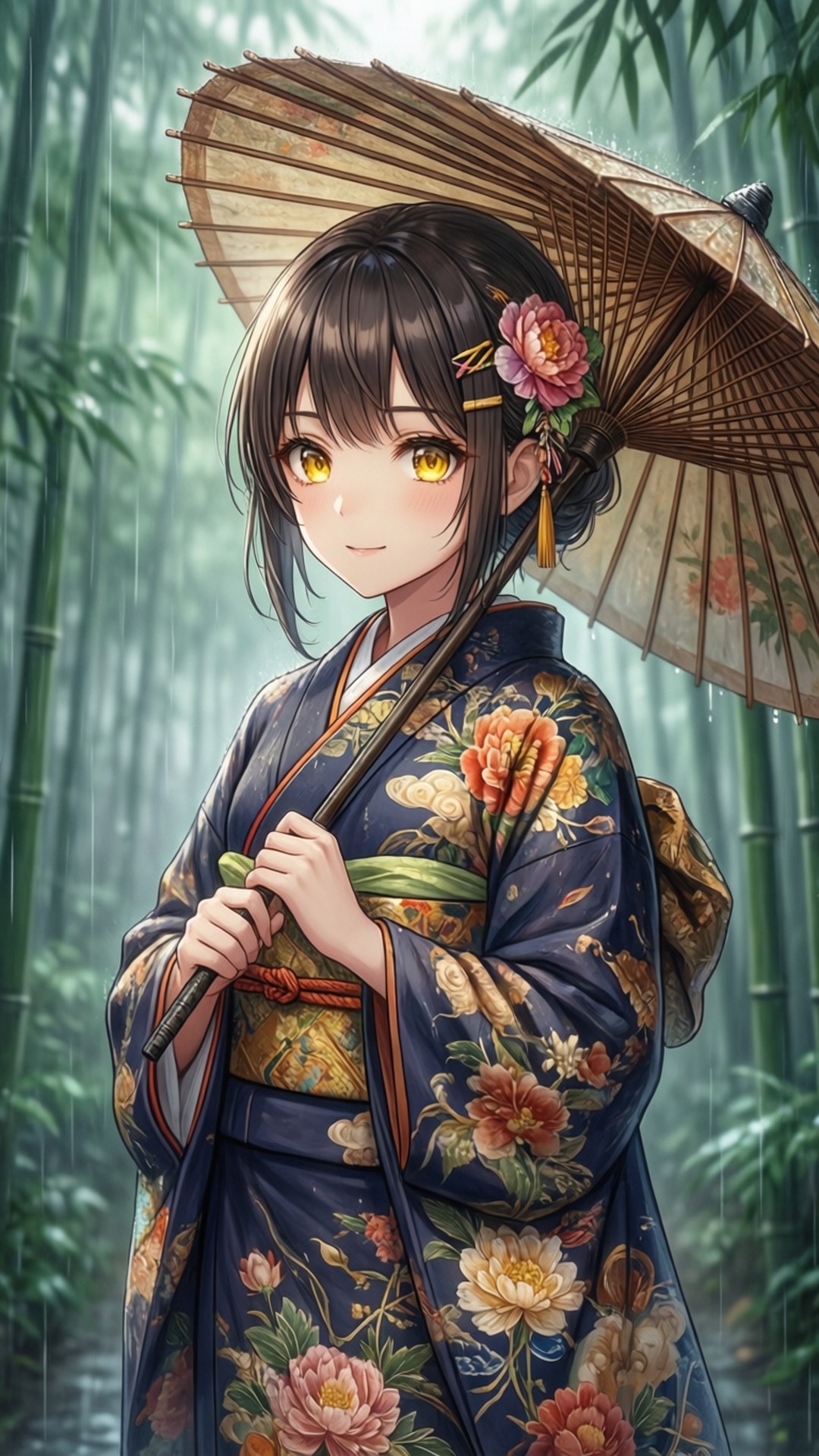 竹林雨中着和服少女 壁紙