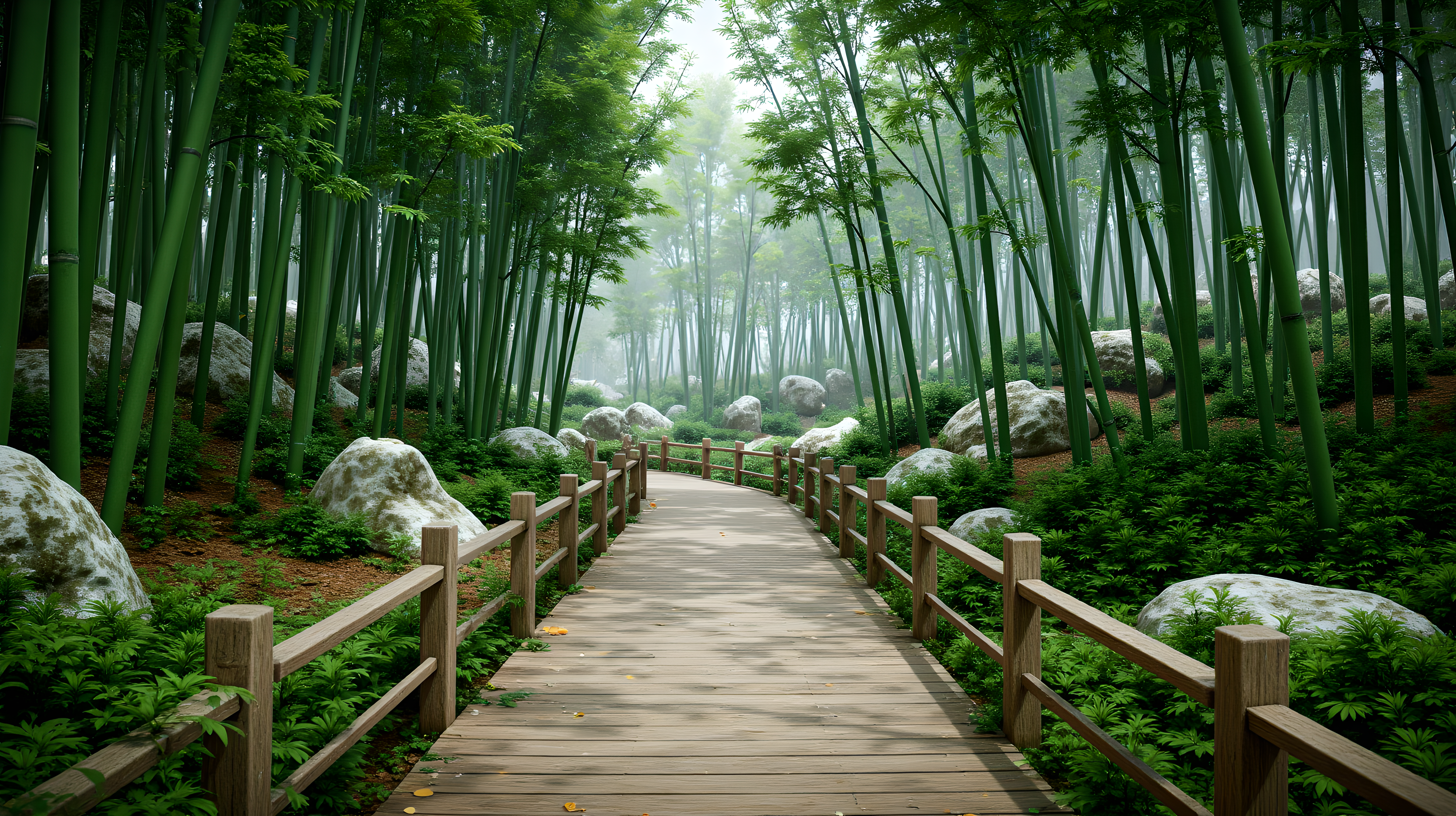 竹林風景畫 壁紙 — 一條木製步道蜿蜒穿過霧氣瀰漫的竹林，兩旁有長滿苔蘚的大岩石和茂密的綠色灌木叢。